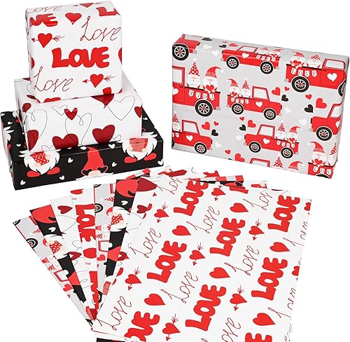 Miniatura 6 de Bolsome 12 hojas de papel de regalo para el día de San Valentín, corazón rojo, camión, gnomo, papel de regalo para boda, aniversario, despedida de