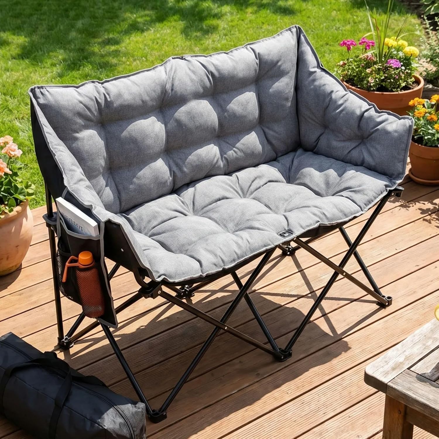 LIFERUN Double Camping Chair Adults 320kg Heavy Duty, Thickened Padded Folding Loveseat with Side Pockets & Carry Bag, Portable 2-Seater Garden Sofa Outdoor Picnic Fishing Indoor Dining, Grey