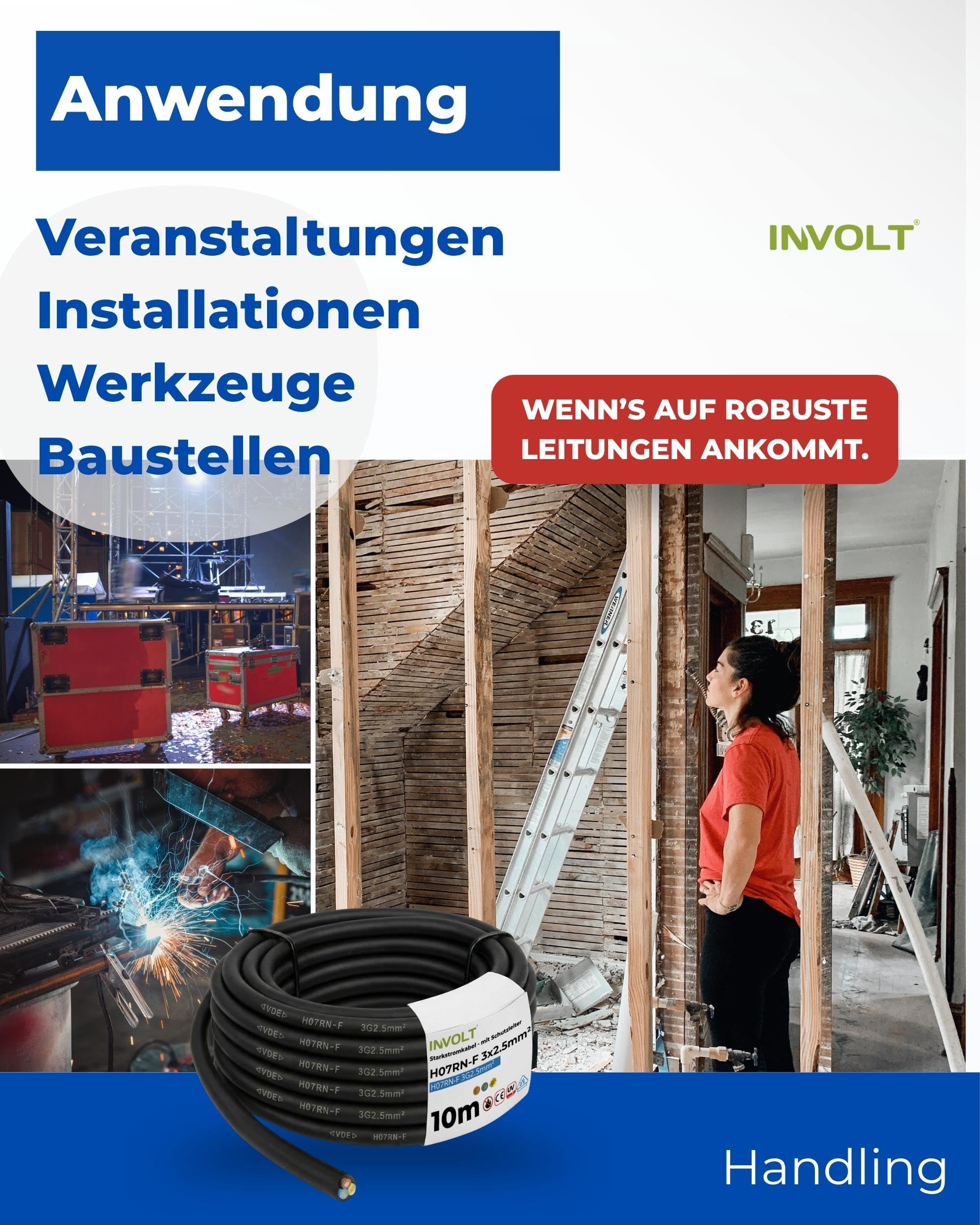INVOLT Cable alargador CEE H07RN-F 3G2,5 mm², 10 m, cable de goma flexible con conductor de protección, para obras exteriores, certificado VDE