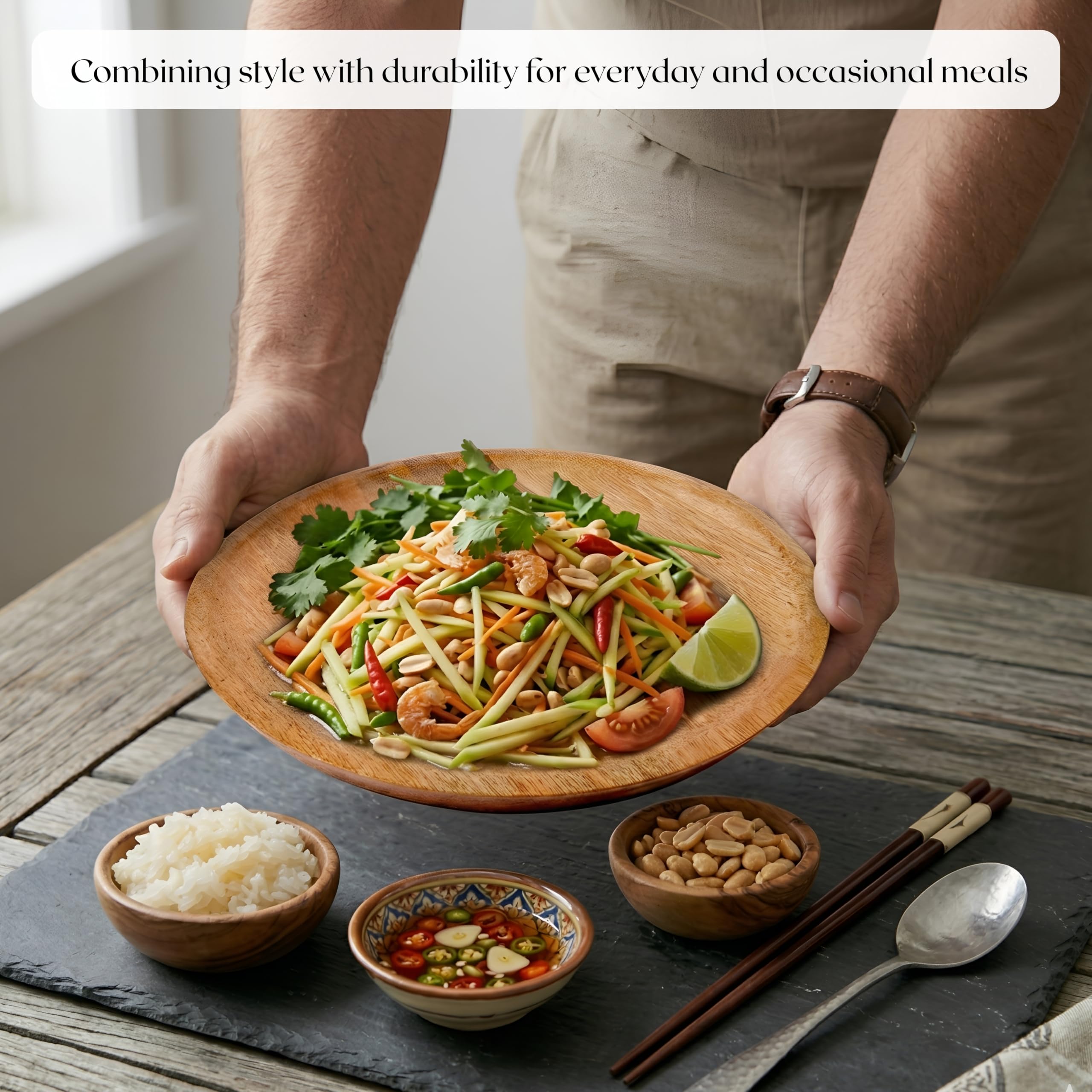 Alpha Living Home Lot de 2 assiettes en bois, assiettes de présentation en bois, assiettes à dîner, assiette à dîner, chargeur en bois, assiette à salade en bois, apéritifs - 30,5 cm - Naturel