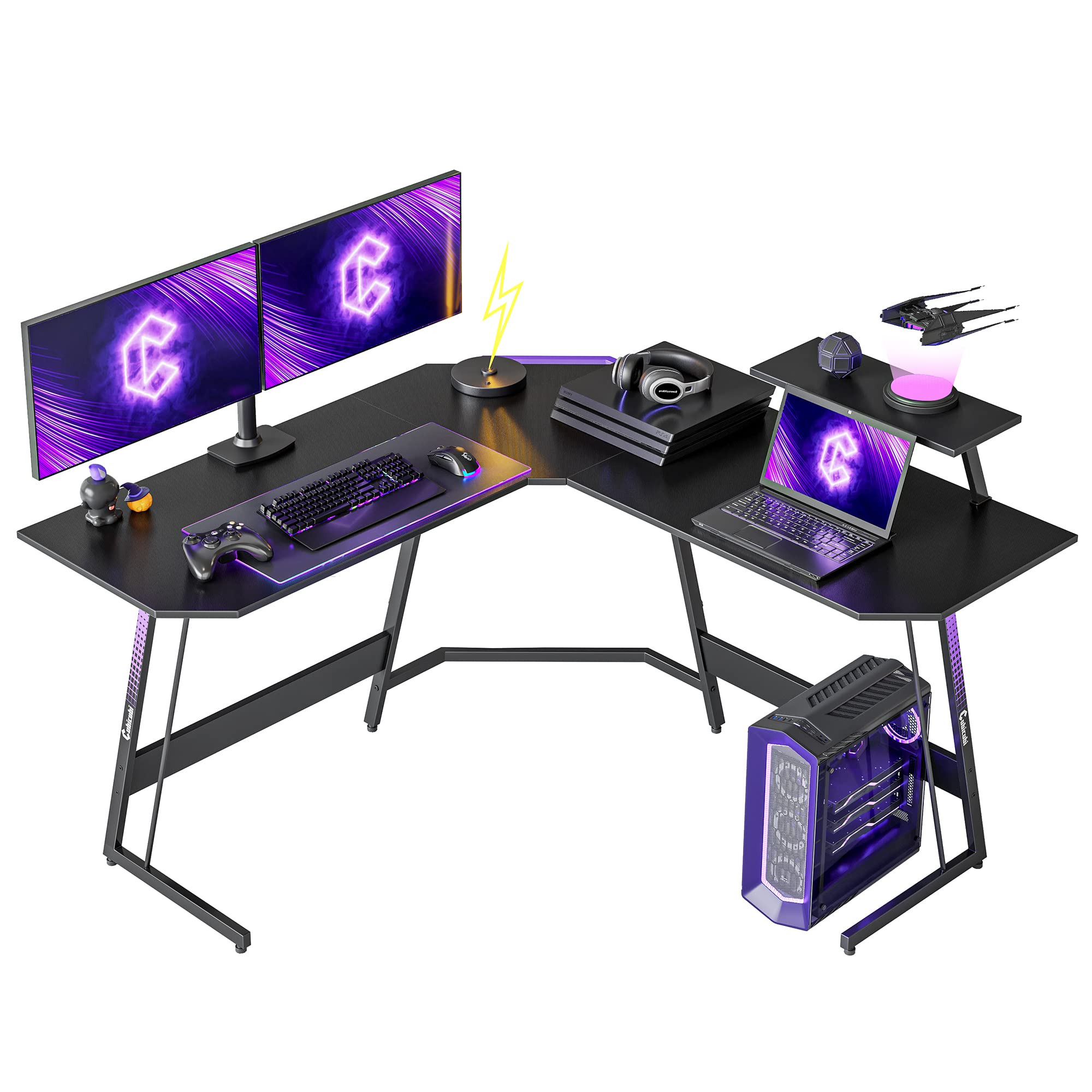 CubiCubi Diamon L Shaped Gaming Desk 53 inch Gamer Workstation, Home Computer Carbon Fiber