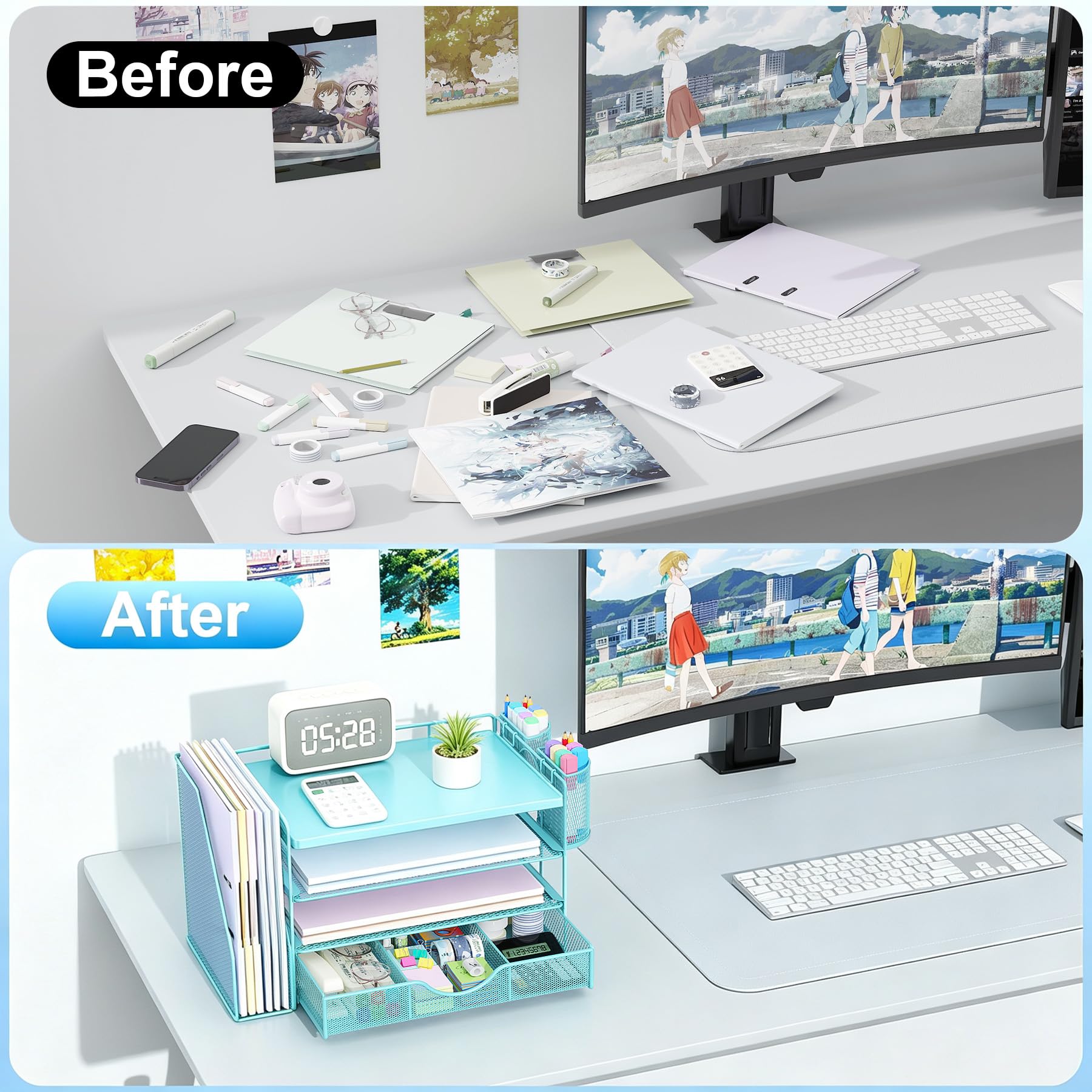 gianotter Desk Organizers and Accessories with File Holder, 4-Tier Desk Accessories & Workspace Organizers with Drawer and 2 Pen Holder, Desk Reference Organizer (Blue, 4T with Metal Drawer) view 2