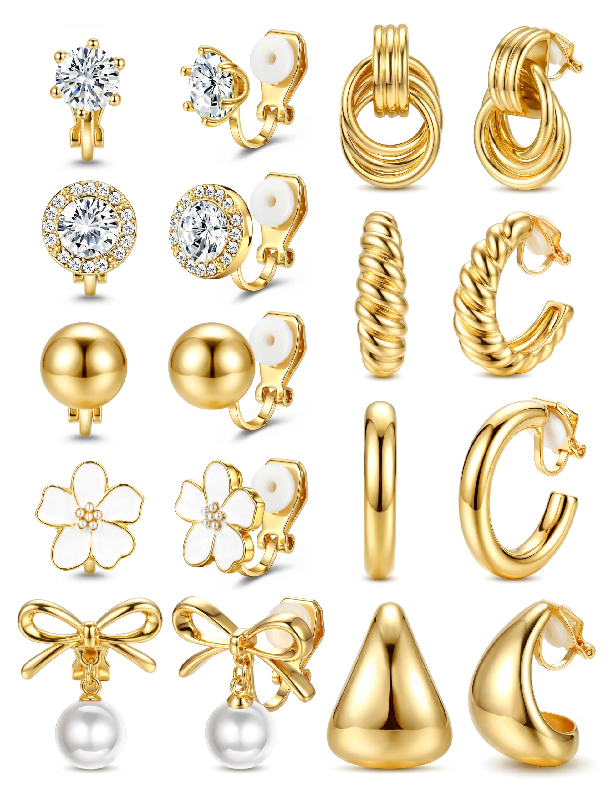 Orecchini a Clip per Donna Orecchini a Clip placcati Oro 14K Non forati CZ Perla Nodo Torsione Grosso Cerchio Orecchini a Clip Set Orecchini ipoallergenici Finti