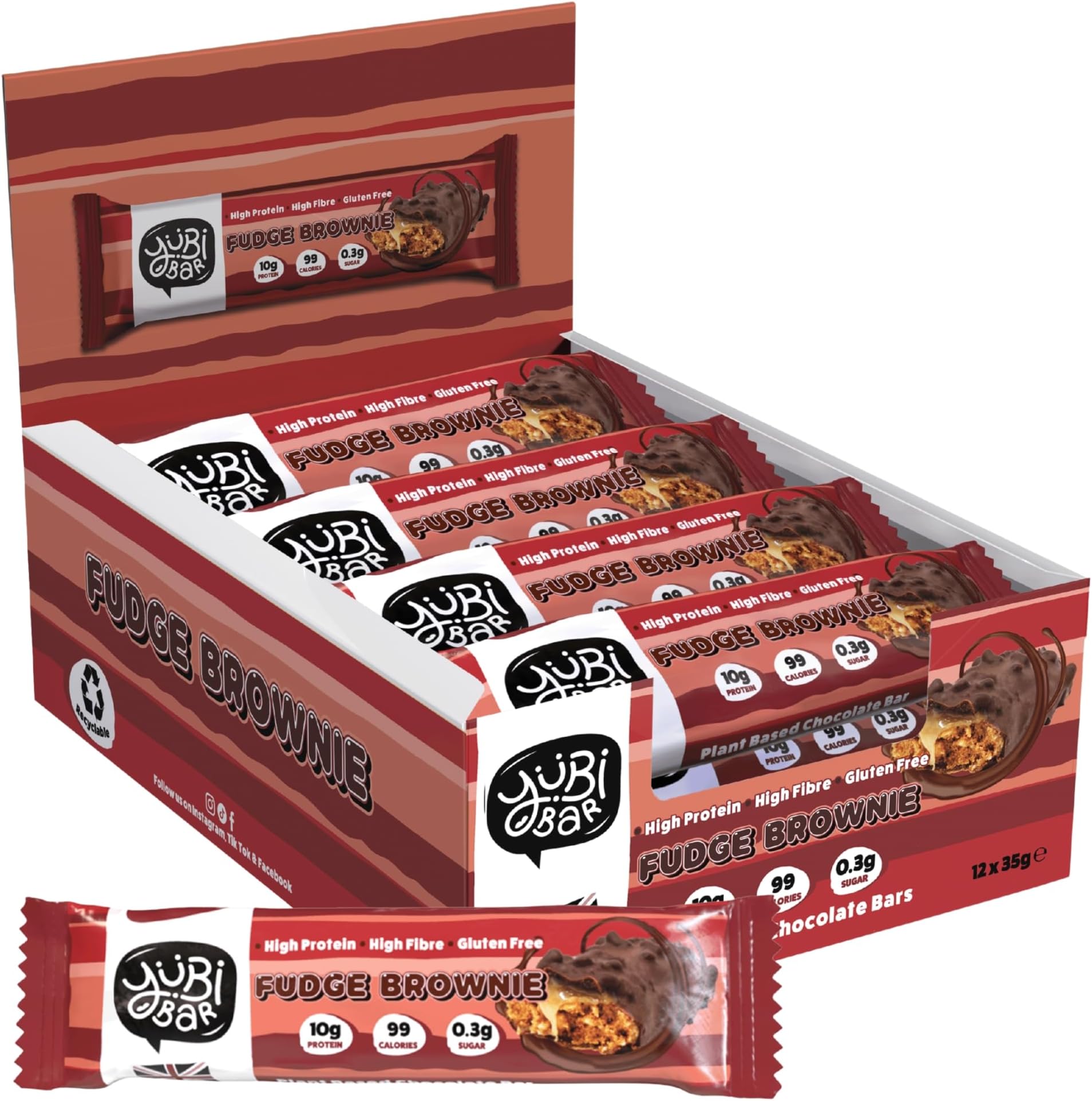 YuBi Fudge Brownie - 12 Pack - Protein Bars - 99 Calories, High Protein, High Fibre, Low Sugar, Gluten Free and Dairy Free - Healthy Snacks/Nutrition Bar - Chocolate Bars - 420g