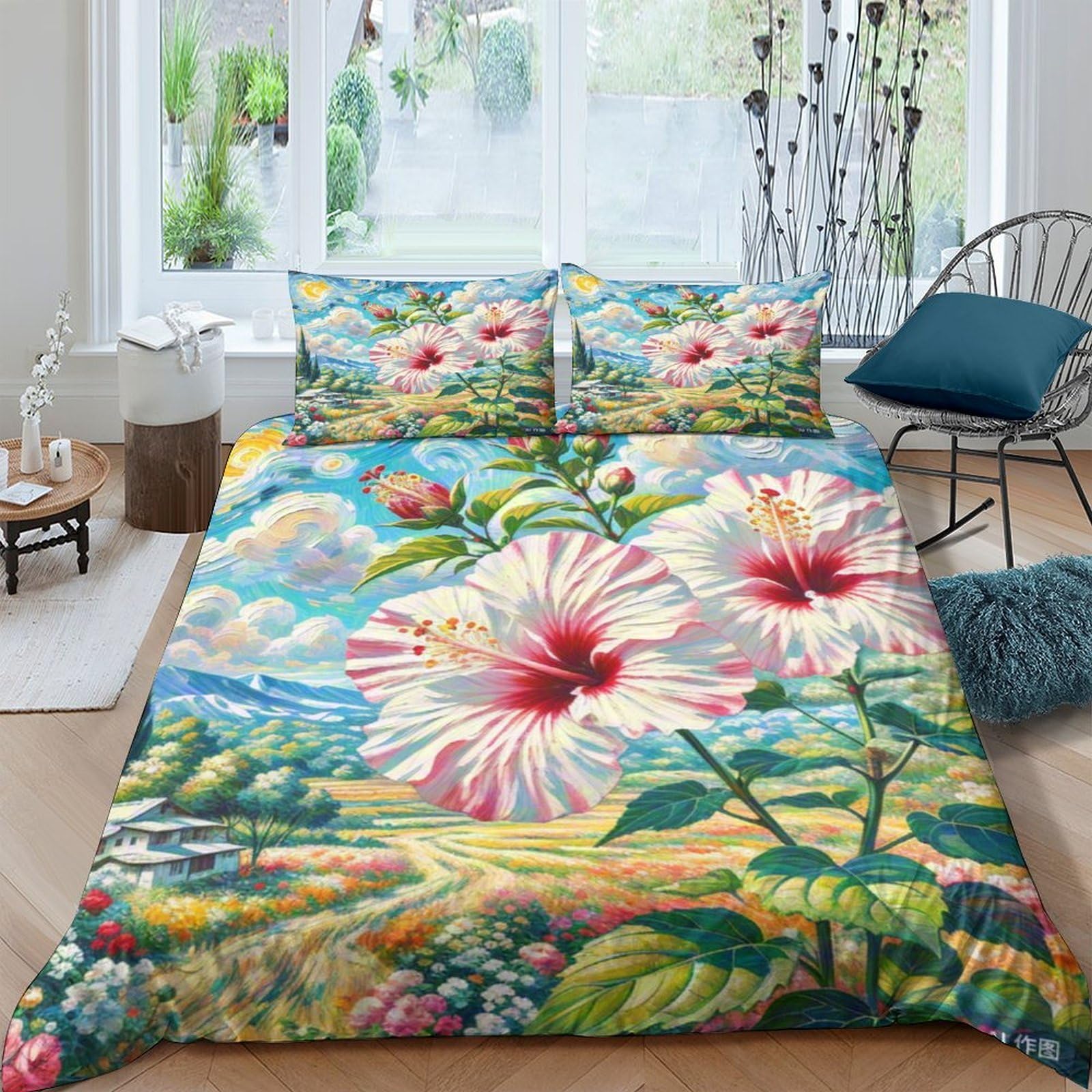 Housse de couette hibiscus 3D 200x200cm avec taie d'oreiller en microfibre pour lit deux personnes