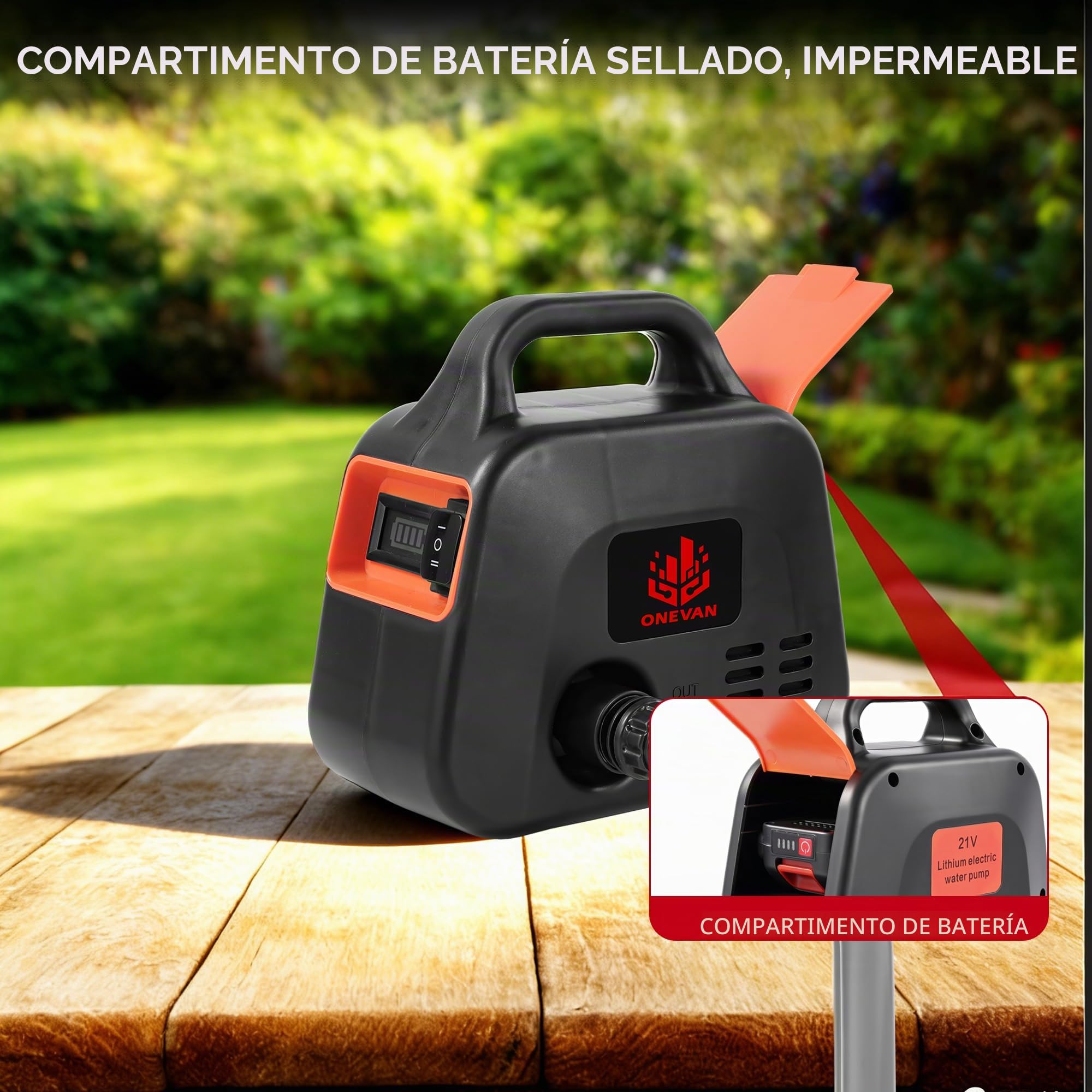 ONEVAN Bomba de Agua con batería 600L/h, Bomba eléctrica de jardín con indicador de Potencia, 2 baterías 2000mAh, 2 velocidades, Bomba de batería, Incluye Boquilla 7 en (Negro, Estándar)