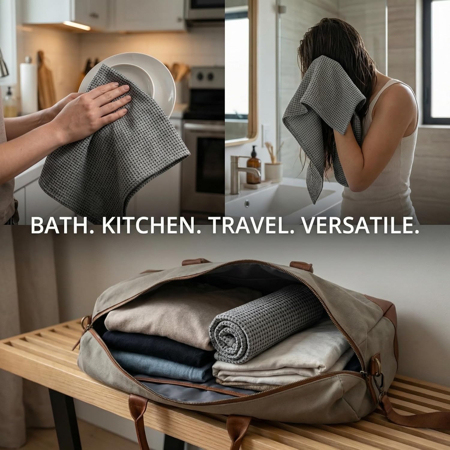 100% European Linen Hand Towels for Kitchen & Bath - Set of 2 - Waffle Weave, Highly Absorbent & Quick-Dry - 14 x 28 in - Stone Washed Flax
