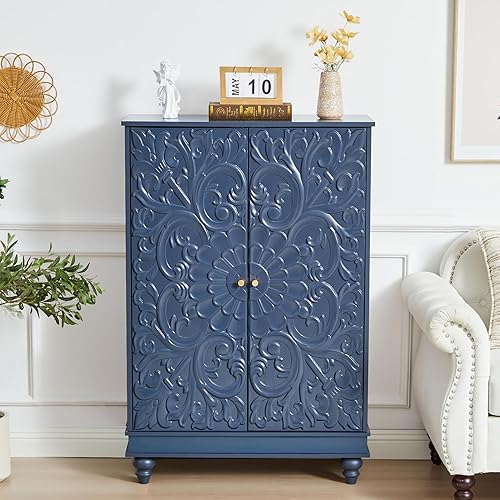 Aparador de buffet con almacenamiento, armario de almacenamiento de cocina con estantes ajustables y 2 puertas, mesa decorativa tallada vintage para