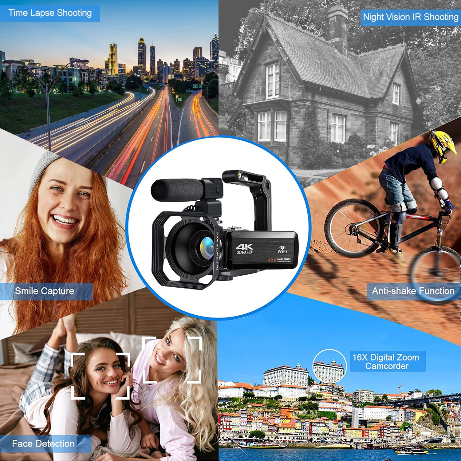 Acuvar Videocamera 4K 48MP Auto Focus 60FPS WiFi Vlogging Camera per YouTube Zoom 18X Videocamera Digitale con Mic, Stabilizzatore, Lettore di Schede SD, Scheda Micro SD da 64 GB, Kit Vlogging YouTube