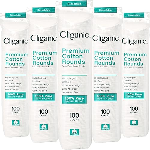 Cliganic Rondas de algodón prémium para la cara (200 unidades) Almohadillas desmaquillantes, hipoalergénicas, sin pelusas, 100% algodón puro