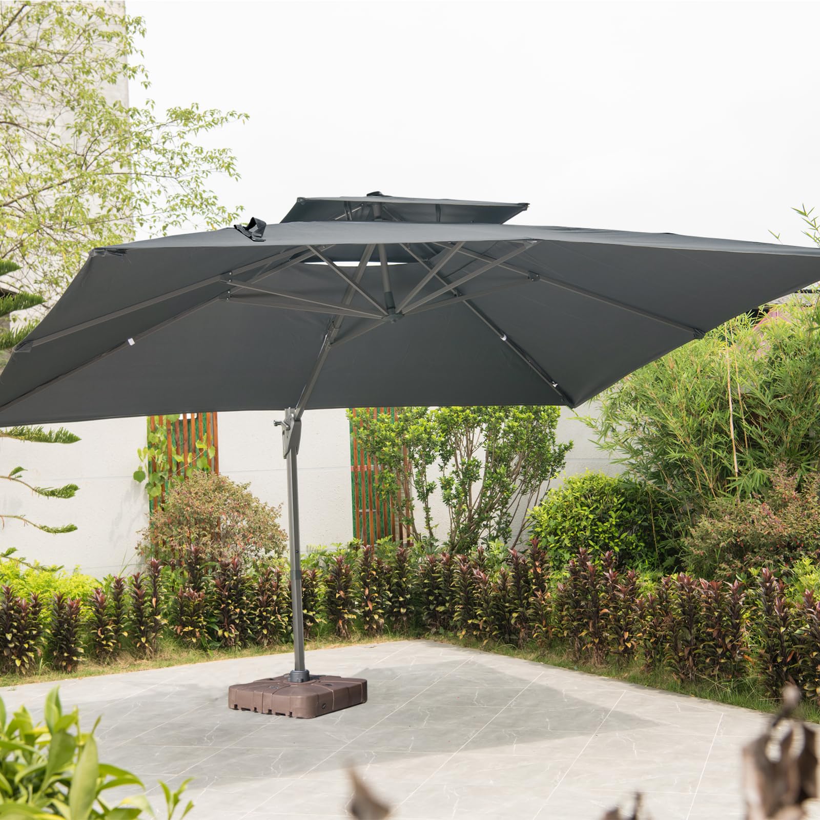 LKINBO Sonnenschirm 300 x 400 cm Rechteckig mit Ständer und Kurbel, Groß Ampelschirm Terrassenschirm 360°Drehbar Parasol Windfest Gartenschirm Wasserdicht Marktschirm für Garten Deck Outdoor, Grau