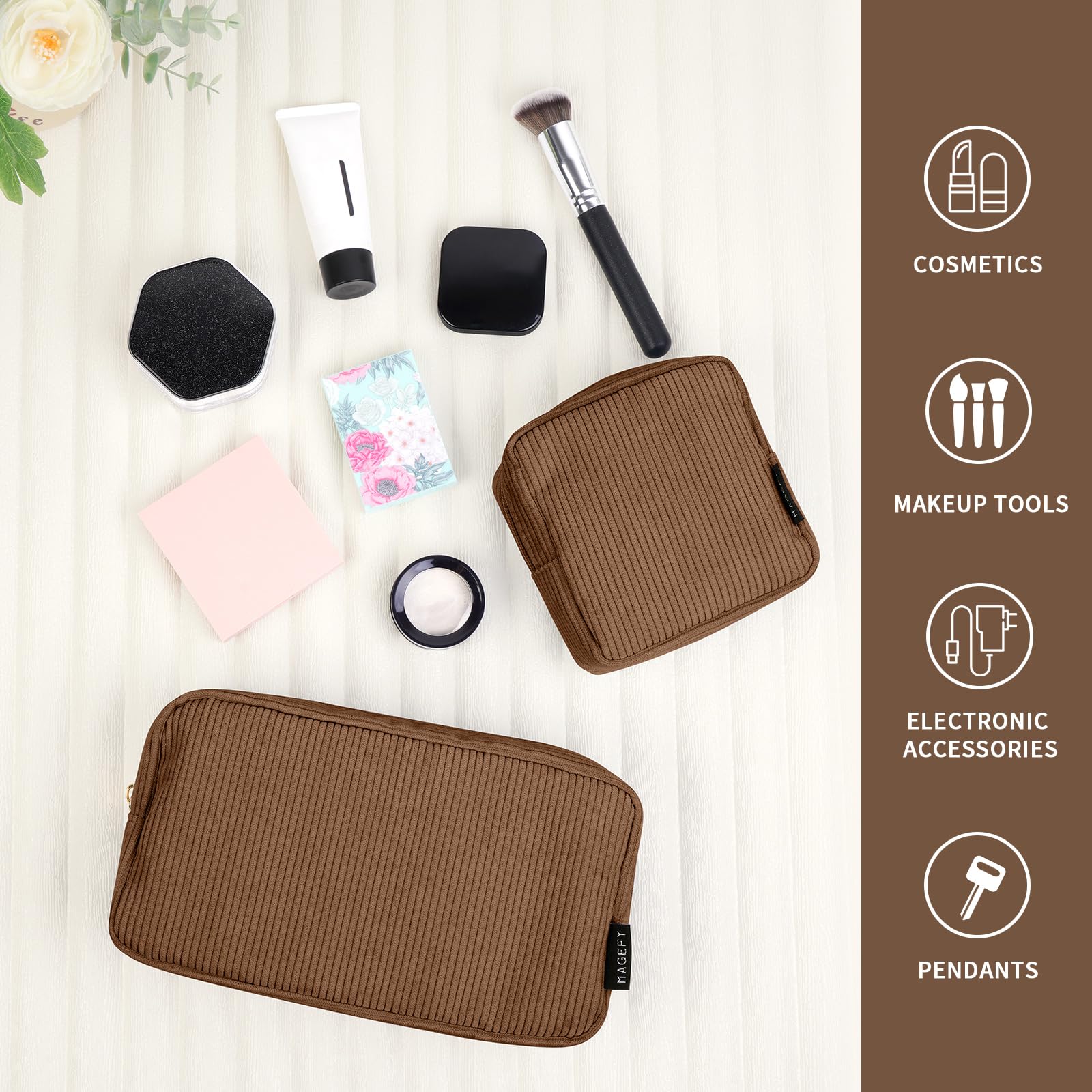 MAGEFY Makeup Bag 2 Pcs Small Cosmetic Bag for Handbag Corduroy Pouch with Compartments for Women Brown, Brown-2pcs - Image 4
