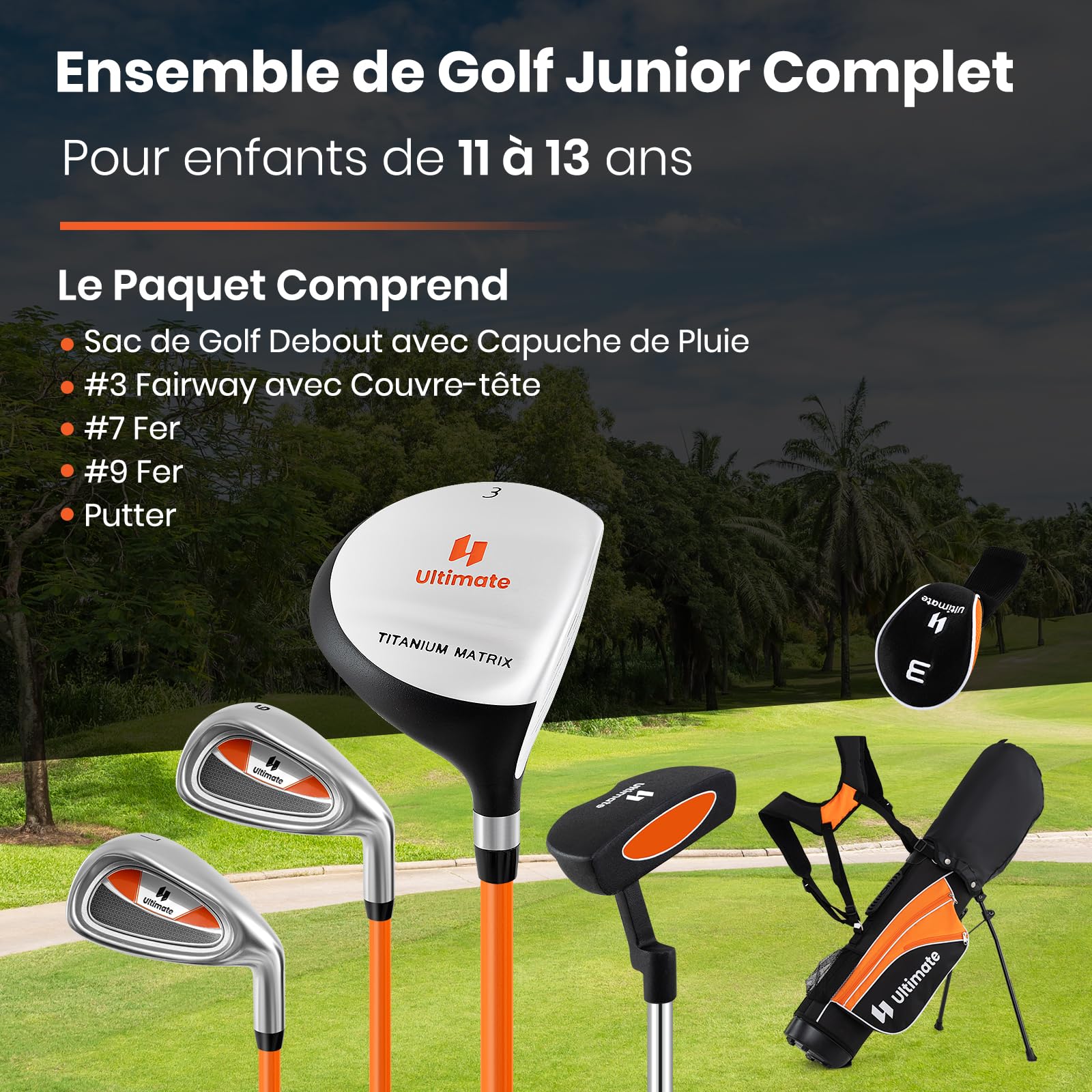 GYMAX Ensemble Complet de Clubs de Golf pour Enfants, #3 Fairway, #7 & #9 Fers, Putter, Sac de Golf Trépied Housse Protecteur de Pluie, Couvre-tête, pour Droitiers Juniors 11-13 Ans