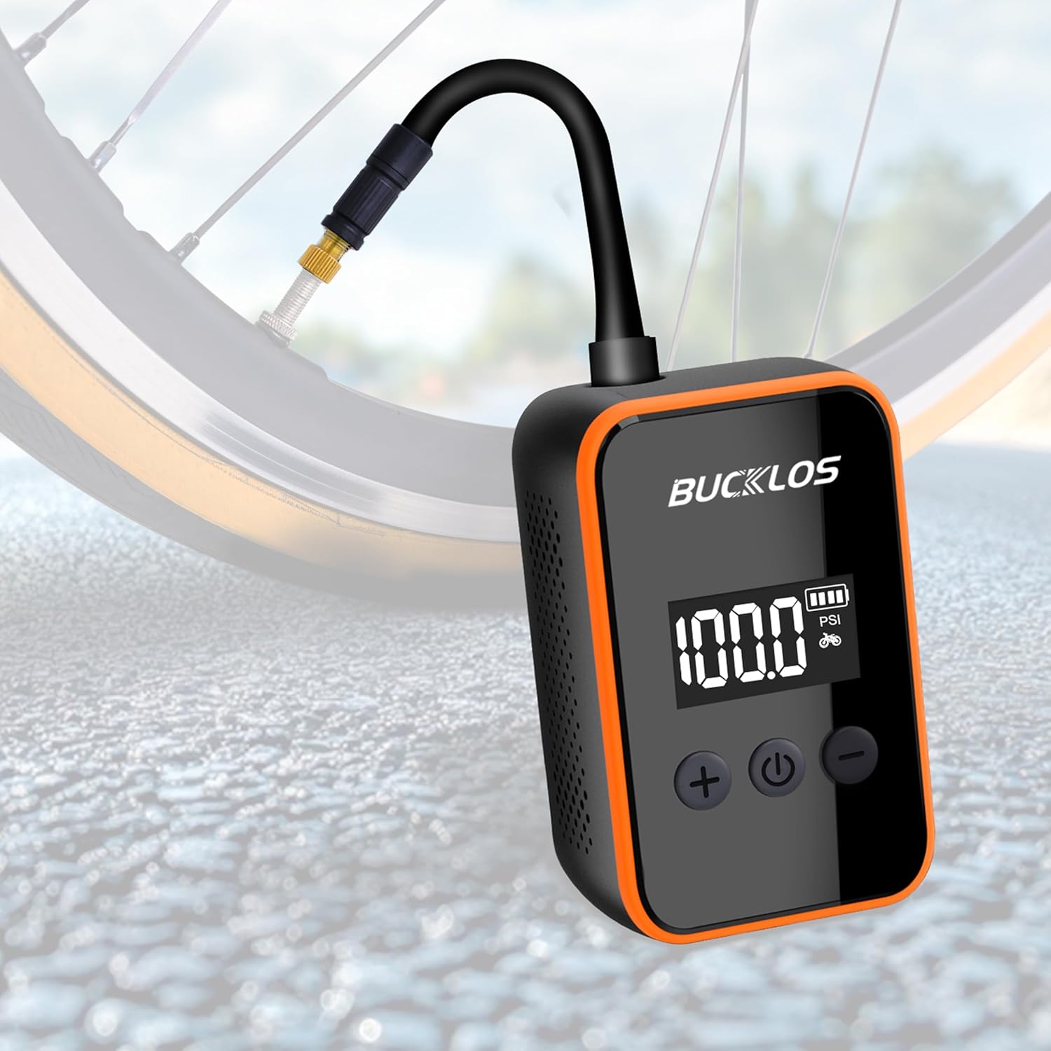 BUCKLOS Mini Electric Bike Pump with LED Display, 150PSI Portable Tire Inflator, Type-C Rechargeable Air Pump with 2000mAh Battery, Presta & Schrader Valves, for Road, Mountain Bicycle and E-Bikes