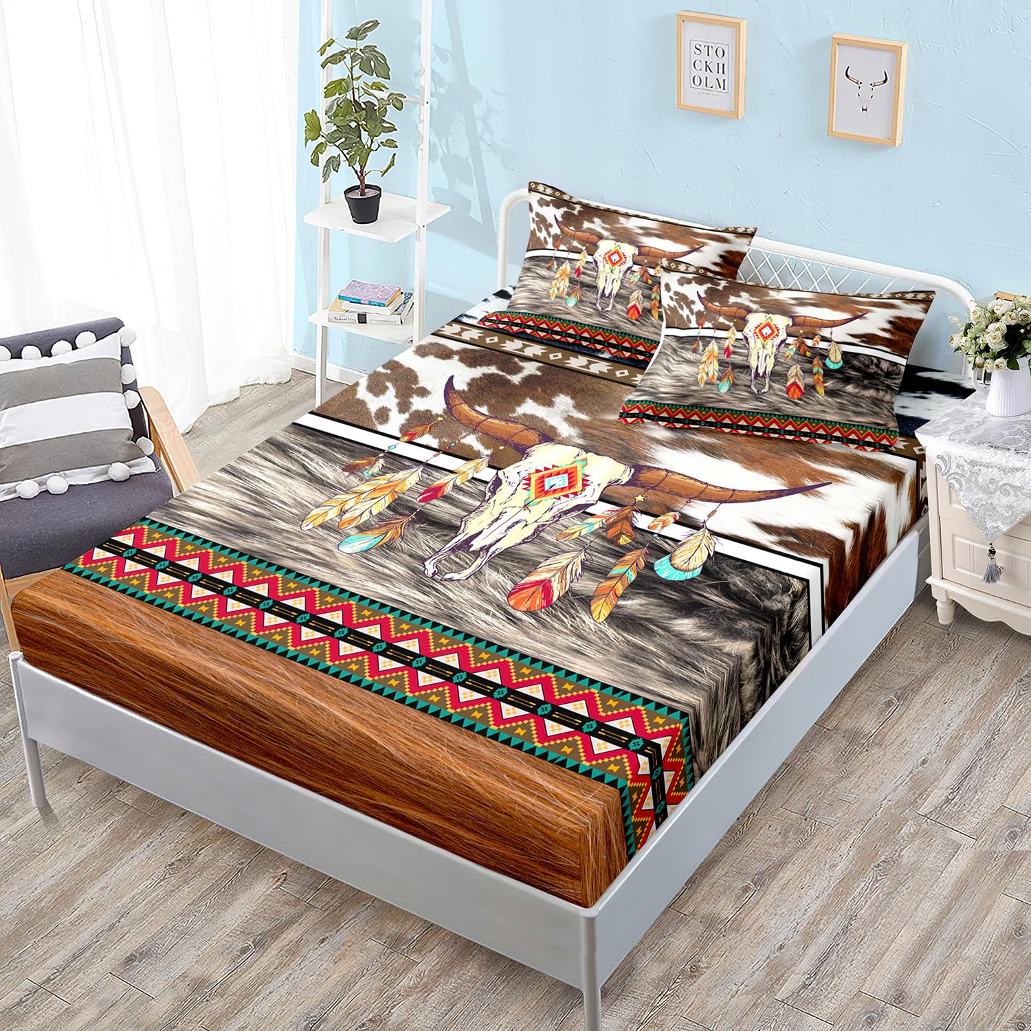 HOSIMA Western Bedding Longhorn Skull Fitted Sheet 3 Pieces,Western Highland Cowhide Print Bedding for Boys Teens Farmhouse Style Room Decor Aesthetic