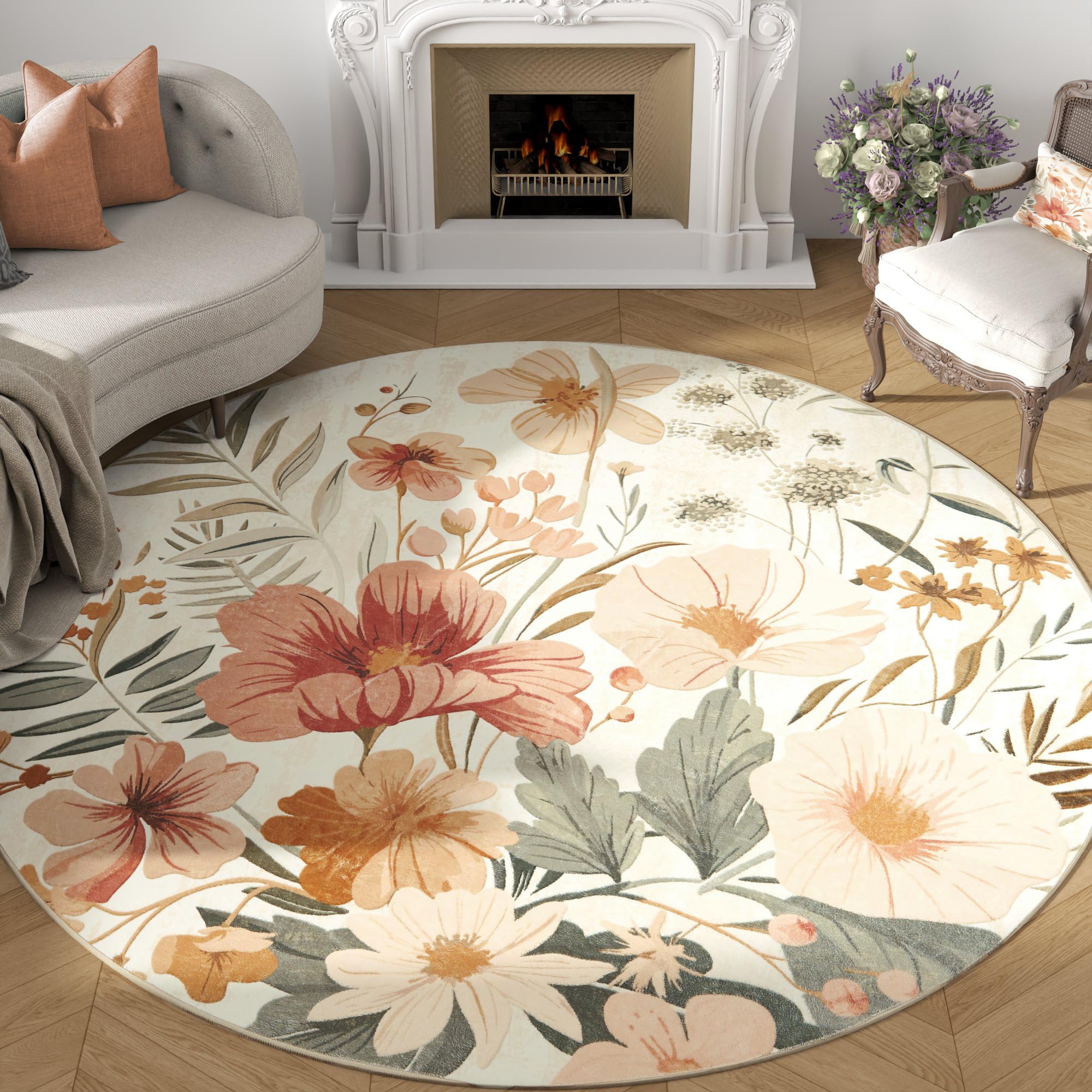 jinchan Renouveau Floral Round Rug 6ft Area Rug Indoor Circle 6' Round Washable Modern Oriental Flower Print Non Slip Carpet for Living Room Dining