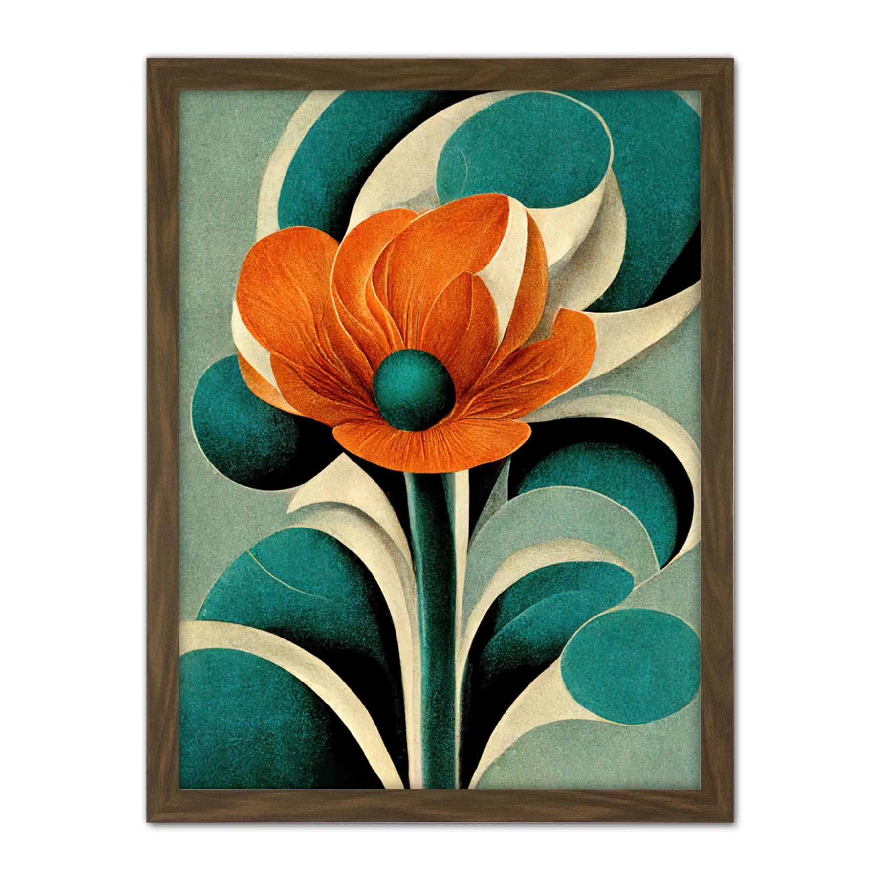Doppelganger33 LTD Art Deco Poppy Flower Teal Orange Cream Artwork Framed Wall Art Print 18X24 Inch