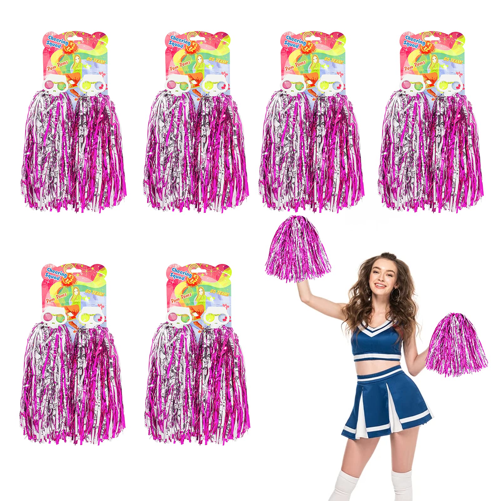 FLMOUTN 12Pcs Premium Metallic Cheerleading Pom Poms, Fluffy Foil Cheerleader Pompoms Cheer Poms Hand Flowers for Kids Adults Team Spirit Sports Party Dance Cheering