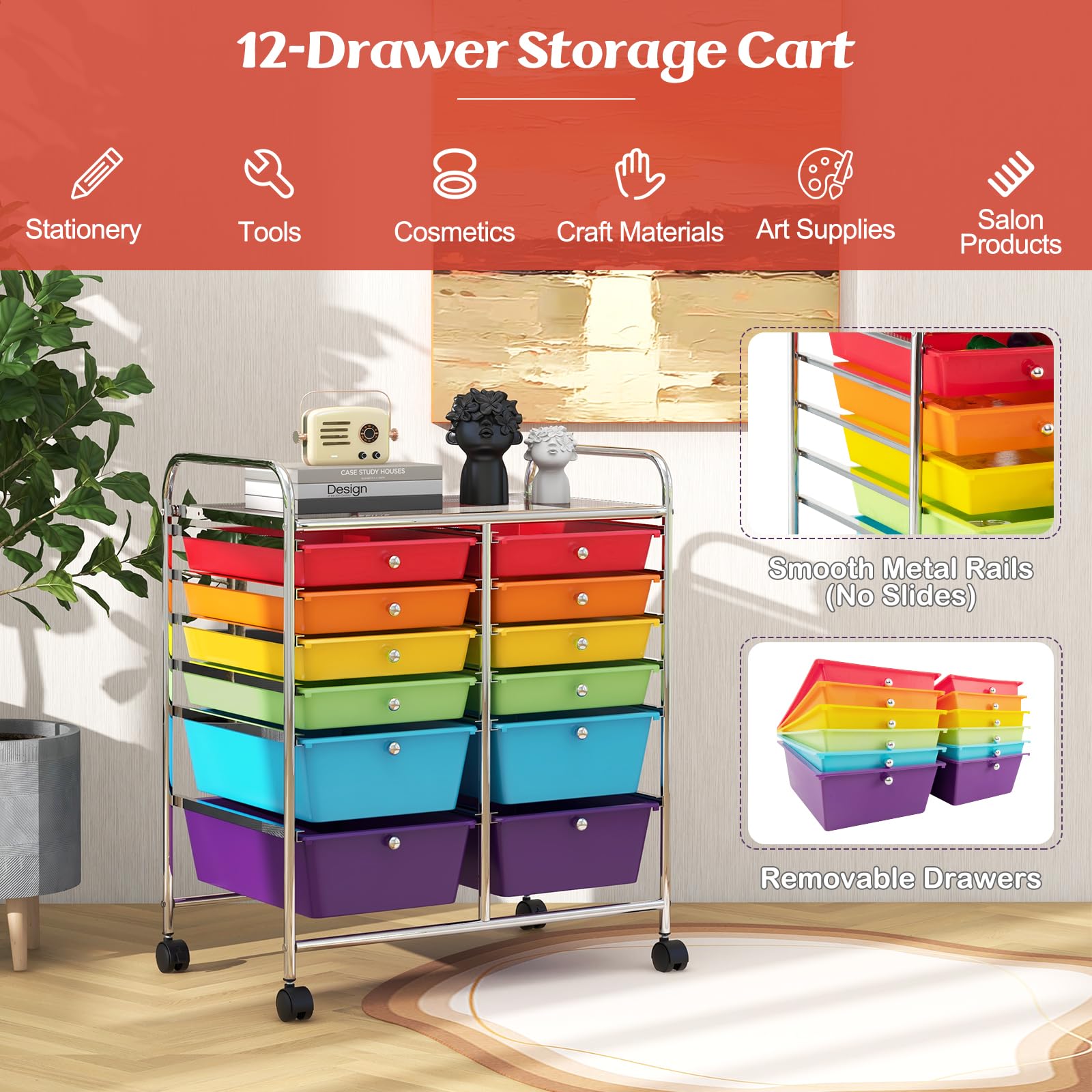 Carrito multiusos de 12 segundos con ruedas Lockab, versátil para manualidades de oficina en casa, carrito práctico y colorido