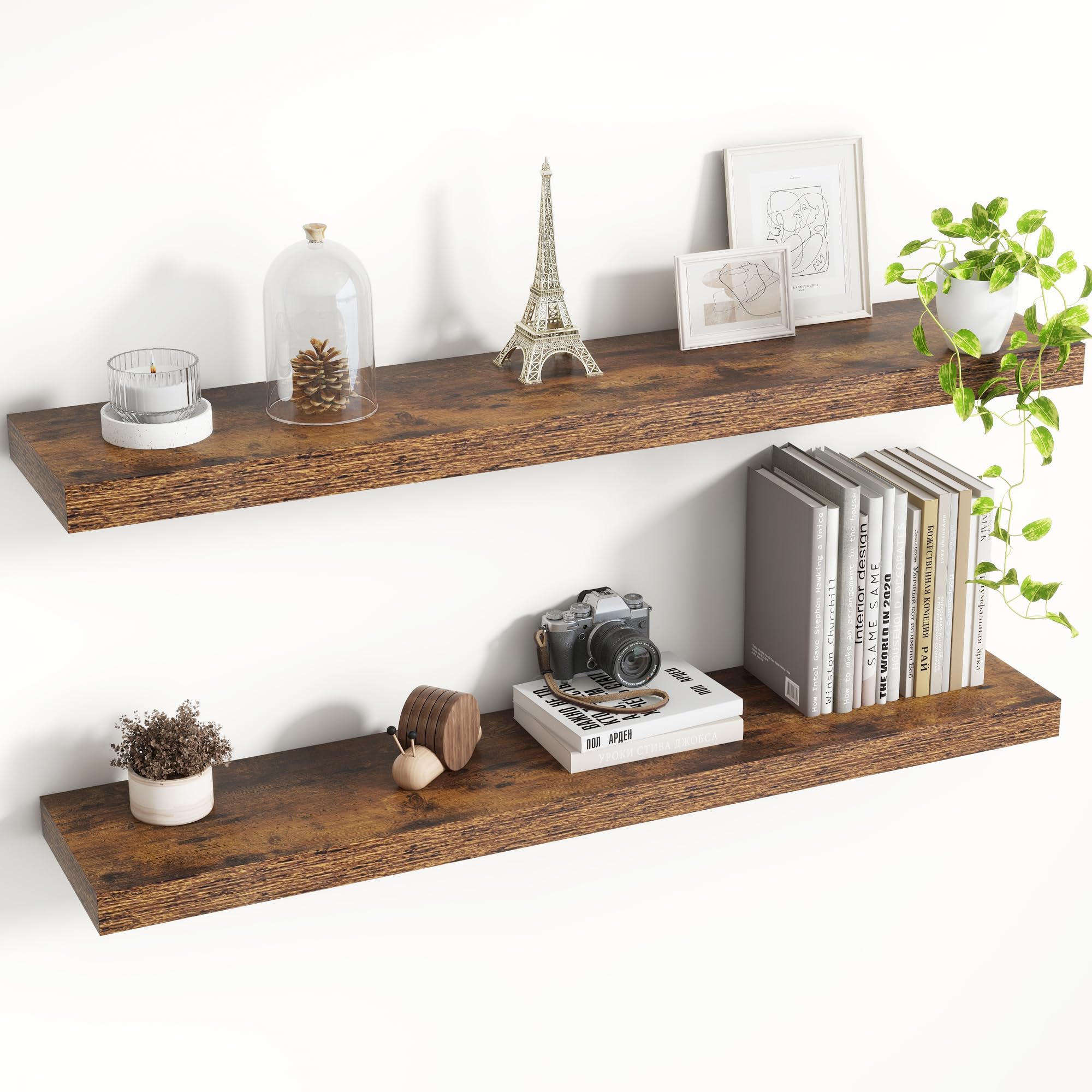 Acovy 36 Inch Floating Shelves, 8 Inch Deep Floating Shelves for Wall, Hanging Shelf with Invisible Brackets, Deep Shelves for Bathroom, Bedroom, Living Room, Brown, Set of 2