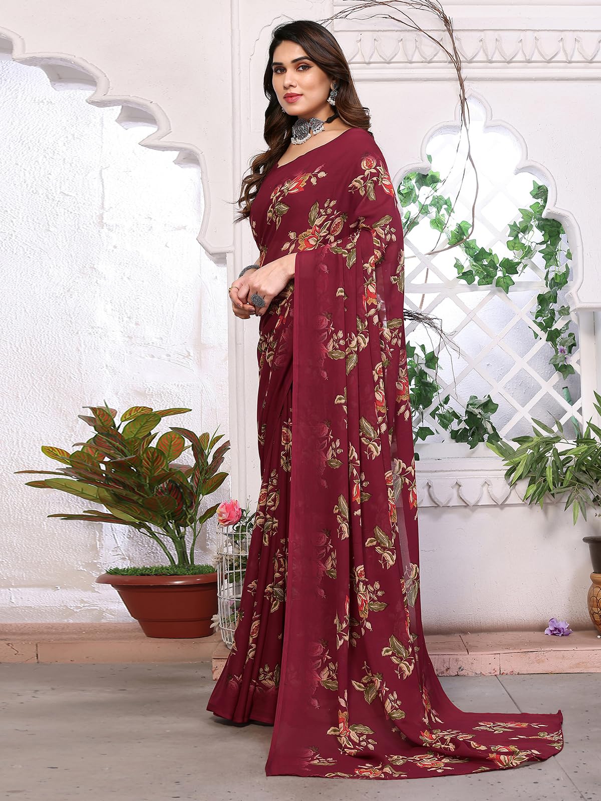 SIRIL Women's Floral Printed Georgette Saree with Unstitched Blouse Piece (3289S114_Maroon)