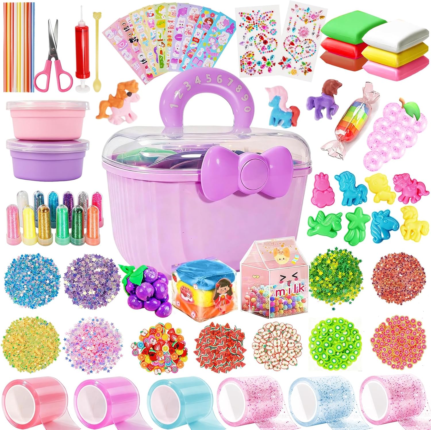 Lokuc Nano Tape Bubble Kit for Kids, Nano Tape Bubble Squishy Maker with Slime, Glitter, Clay and Accessories Tools, DIY Birthday Gift for Girls Boys 3 4 5 6 7 8 Years Old