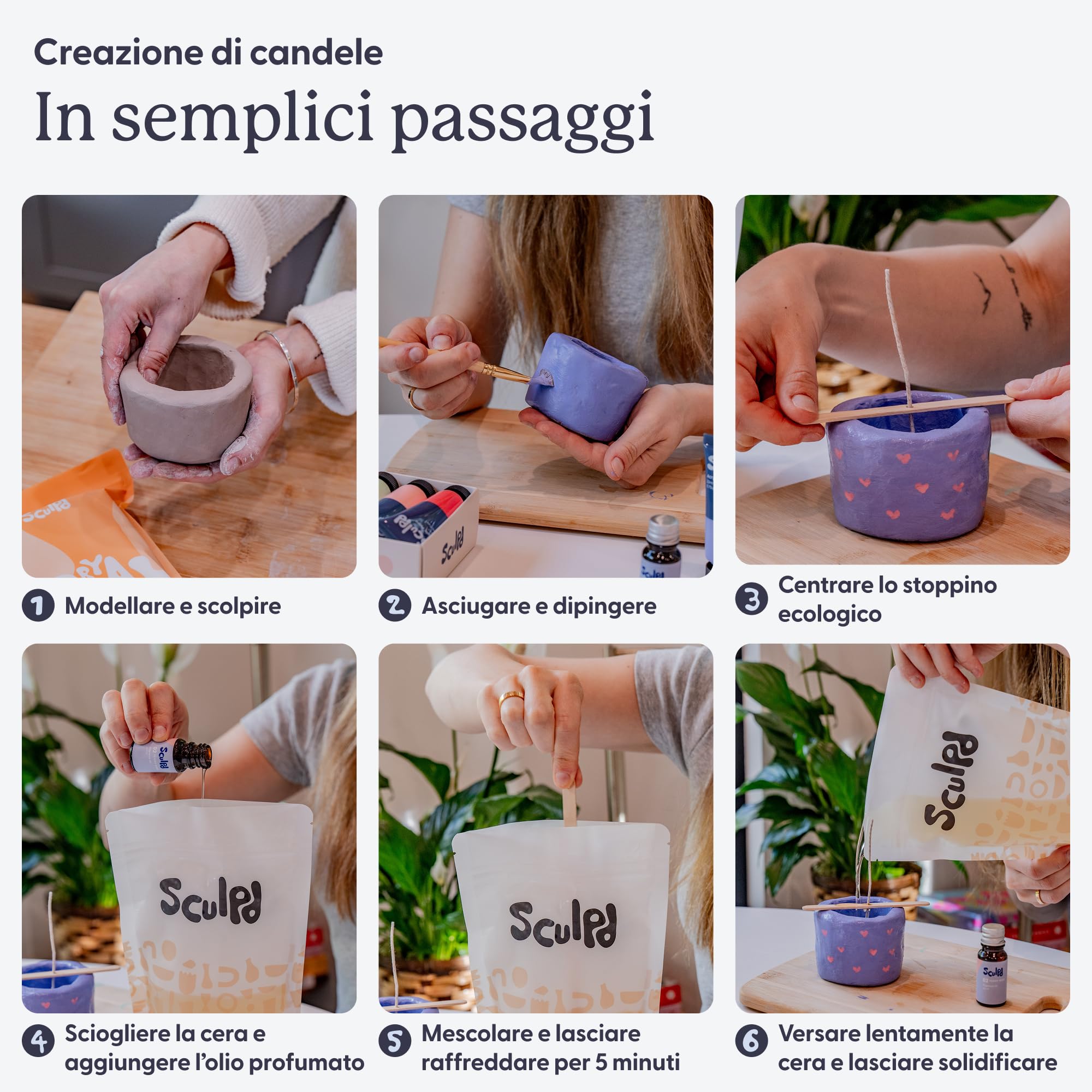 Sculpd, Kit per creare candele con argilla autoindurente, per principianti e adulti, con cera di soia ecologica, oli profumati, vernice, utensili e istruzioni (lingua italiana non garantita)
