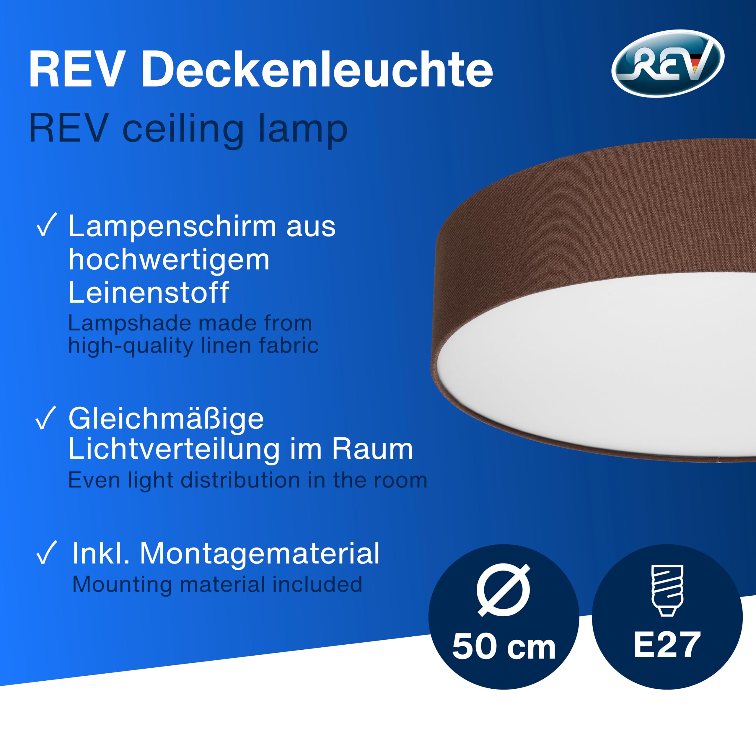 REV Lampada da soffitto - Lampada da soffitto rotonda 50 cm con paralume in tessuto in stile vintage - ideale per camera da letto e soggiorno, marrone