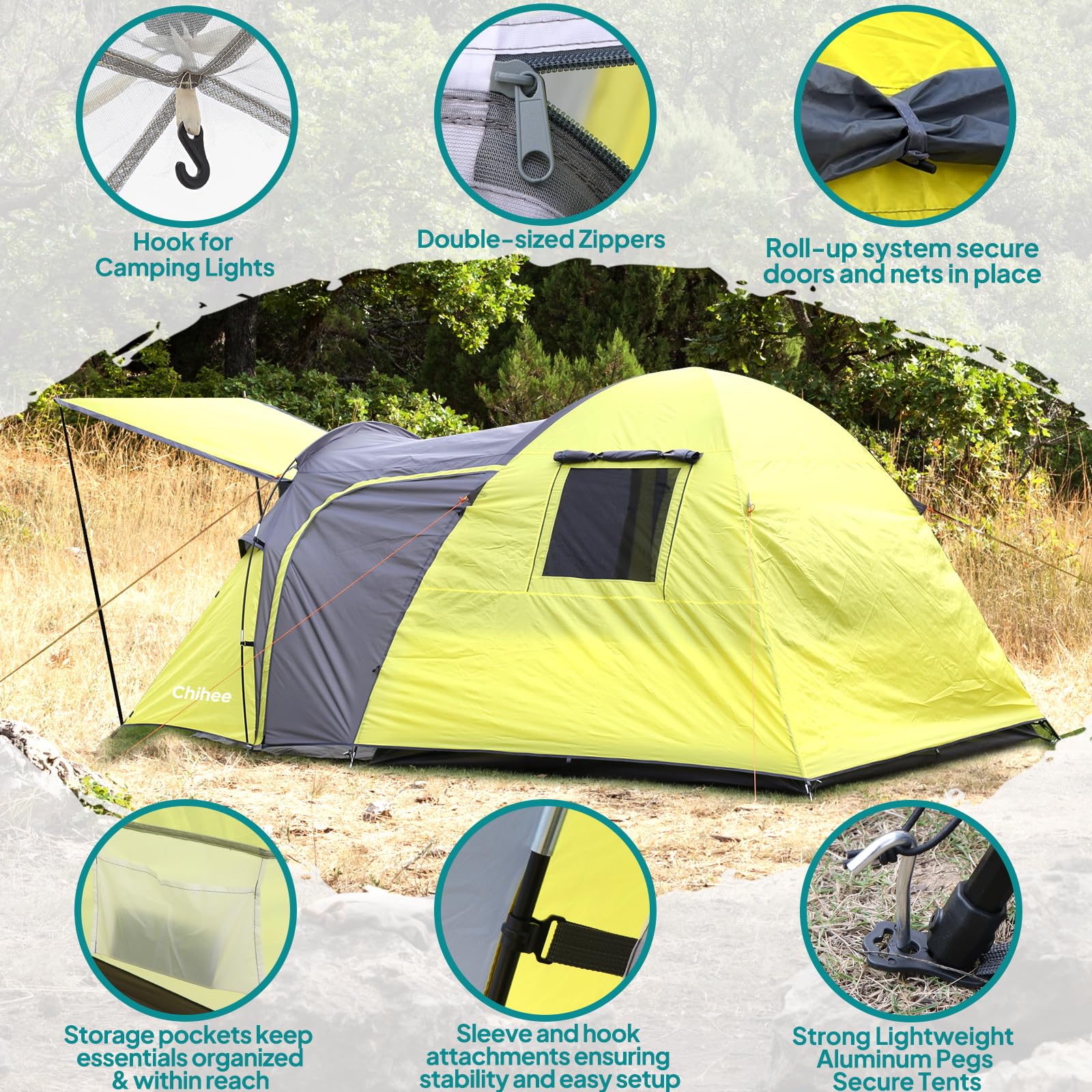 Chihee Tienda de campaña 3 Personas Doble Capa Carpas Cúpula Gran Capacidad 4 Estaciones Viajar Playa Mochilero Refugio al Aire Libre Tienda Impermeable a Prueba de Viento con Rainfly