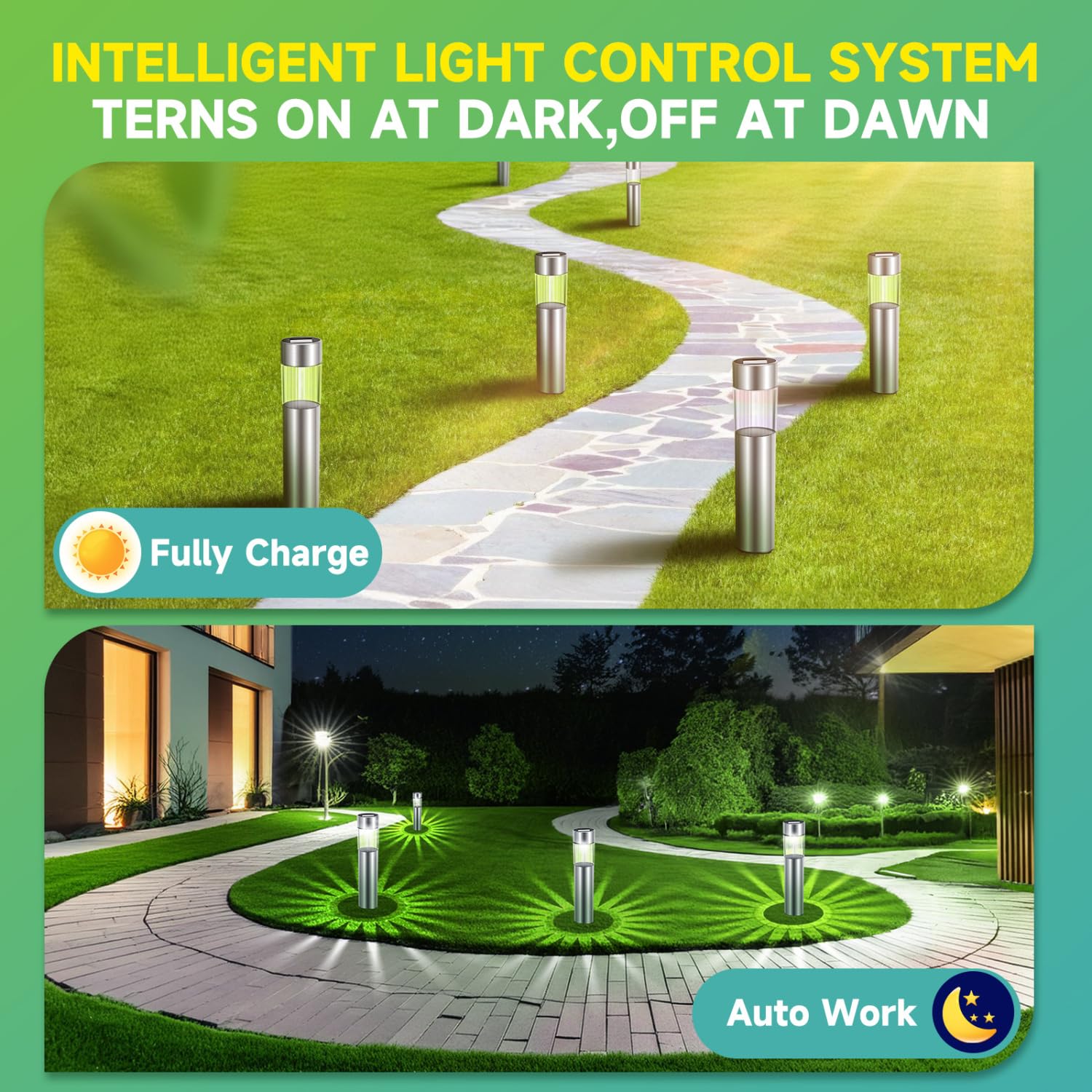 Aigostar Luces Solares Jardín 12 Pcs Lamparas Solares Jardín/Paisaje 6500K IP44 Impermeable Luces Exterior Jardín LED, Acero Inoxidable Luz Solar de Césped Para Pasillo, Césped, Patio