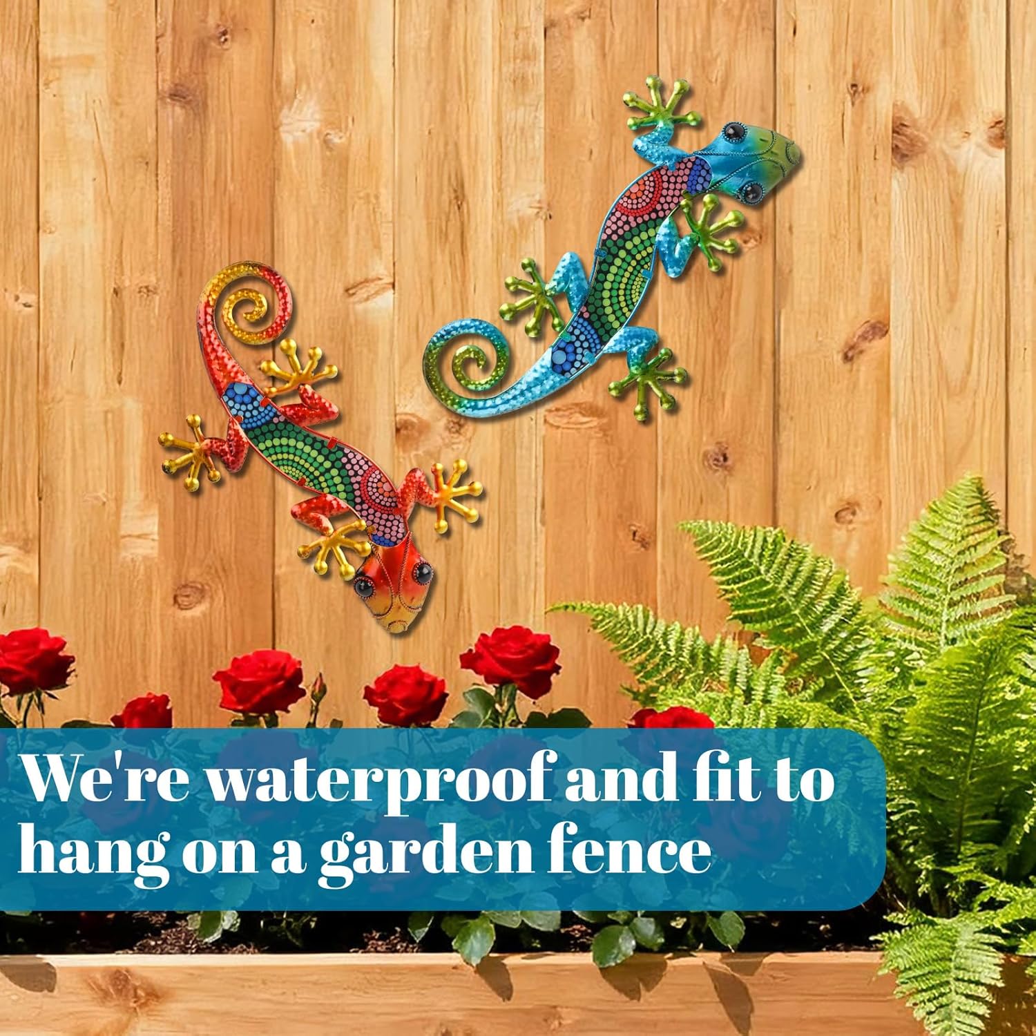 WANFSOWO 3D Metal Gecko Wall Art, 2 Pack Colorful Lizard Wall Decor, 14.76"x8.66" Hand-Painted Dot Pattern Outdoor Garden Fence Sculpture, Indoor Outdoor Hanging Animal Art for Patio Porch Gift