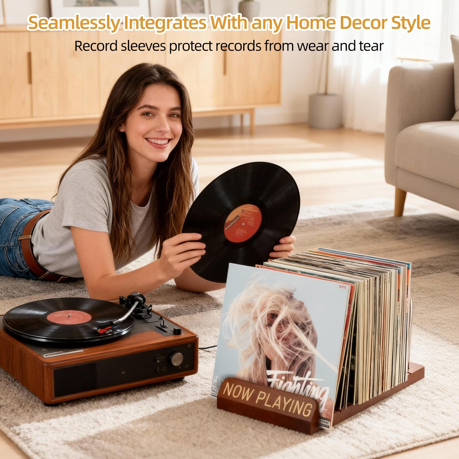 Supporto per dischi in vinile, scalabile, in stile retrò, per 30 – 70 LPs, Now Playing Vinyl Stand in legno e metallo, supporto LP per CD, album, con 5 tasche interne