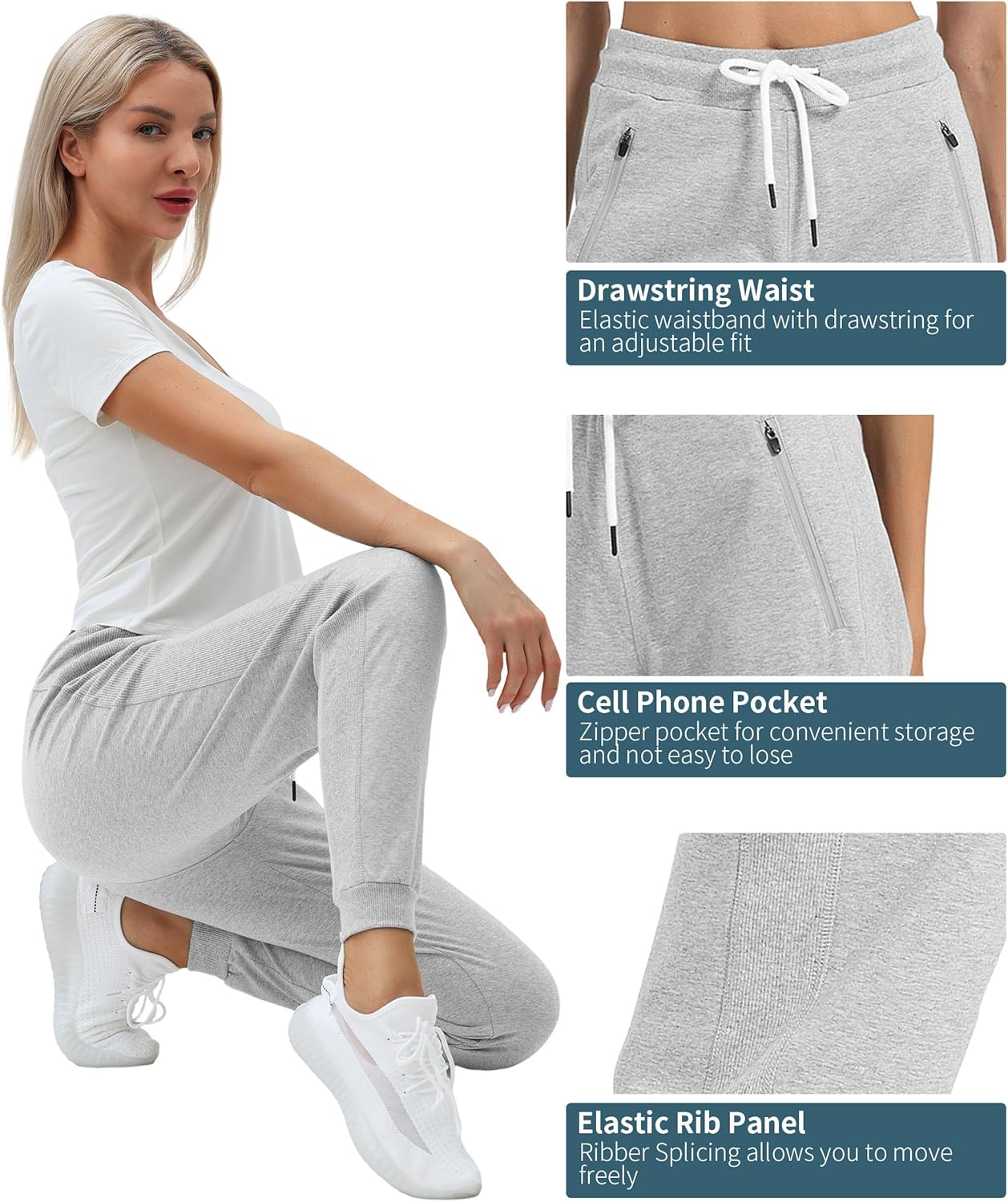 PULI Women Workout Sweatpants Cotton Jogger Ribber Splicing Lounge Sweat Pants with Zipper Pocket - Image 3