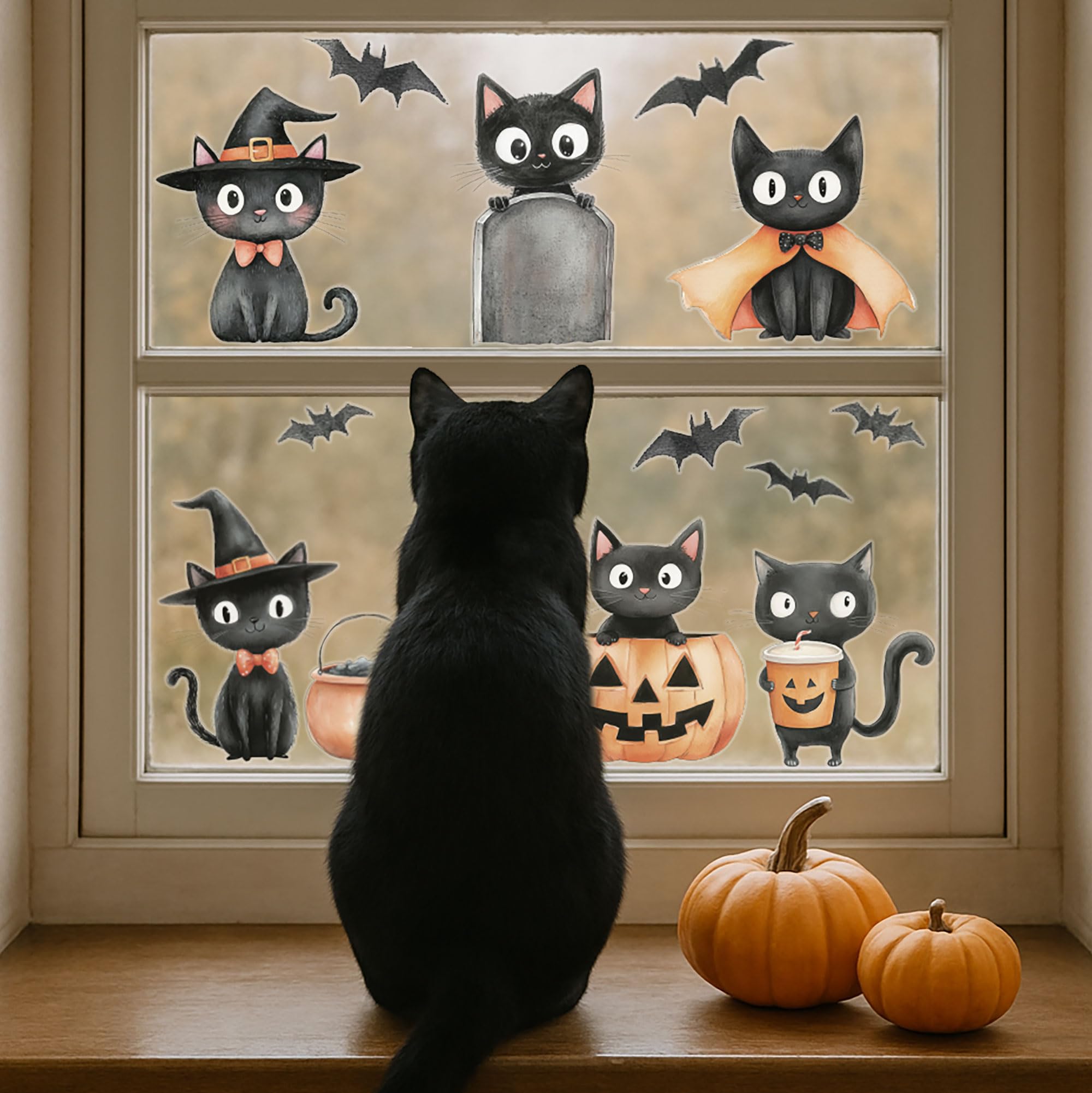 Stickerscape Black Halloween Cat Window Stickers – Made In The Uk – 13 Reusable Bubble-Free Decals (Cats, Pumpkins & Bats) – Removable & Repositionable