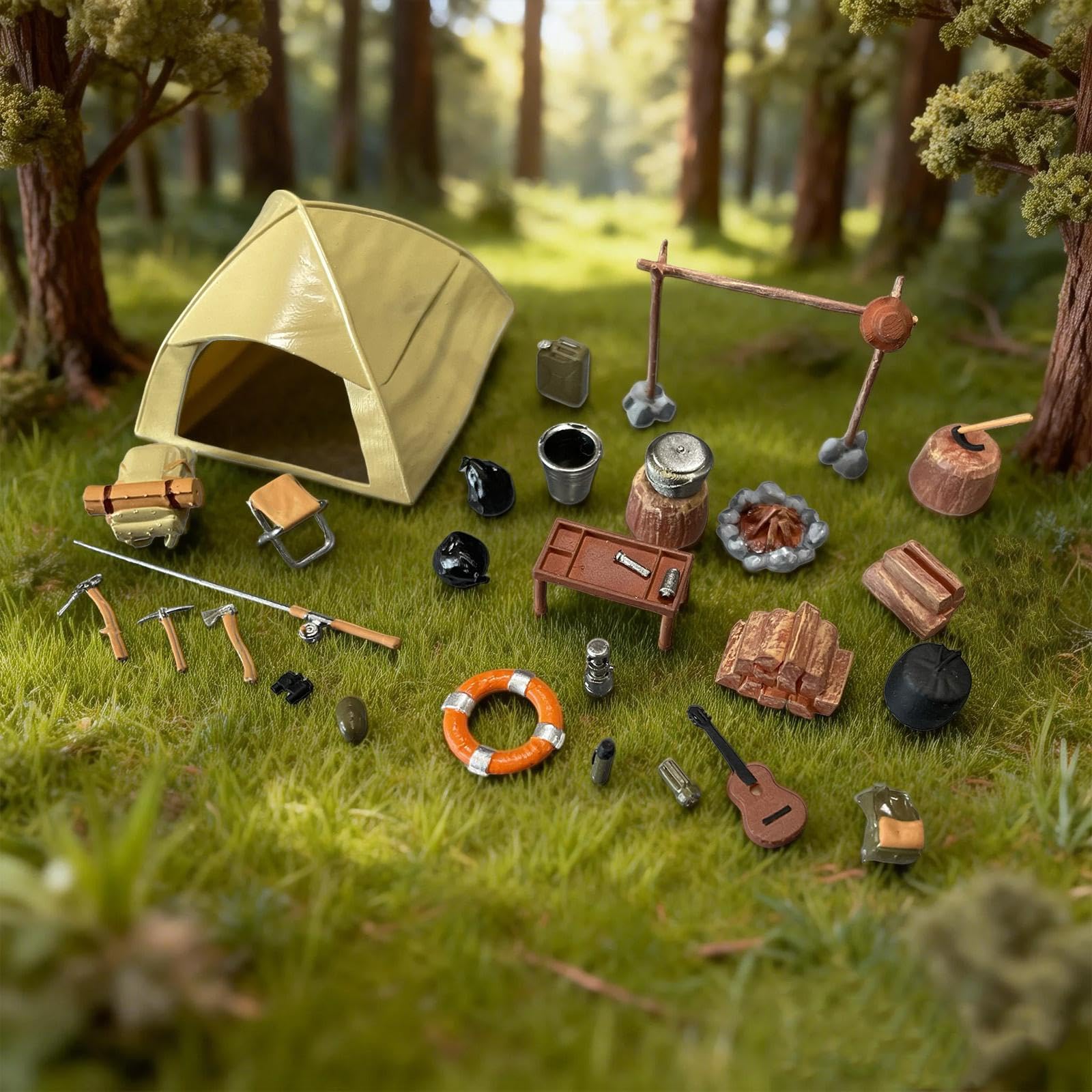 Miniatur Menschenfigur set Mini Zelt Mini Camping Diorama Zubehör mit Detailgetreuer Gestaltung aus Resin für Bonsai Terrarien Desktop Szenen 1cm für