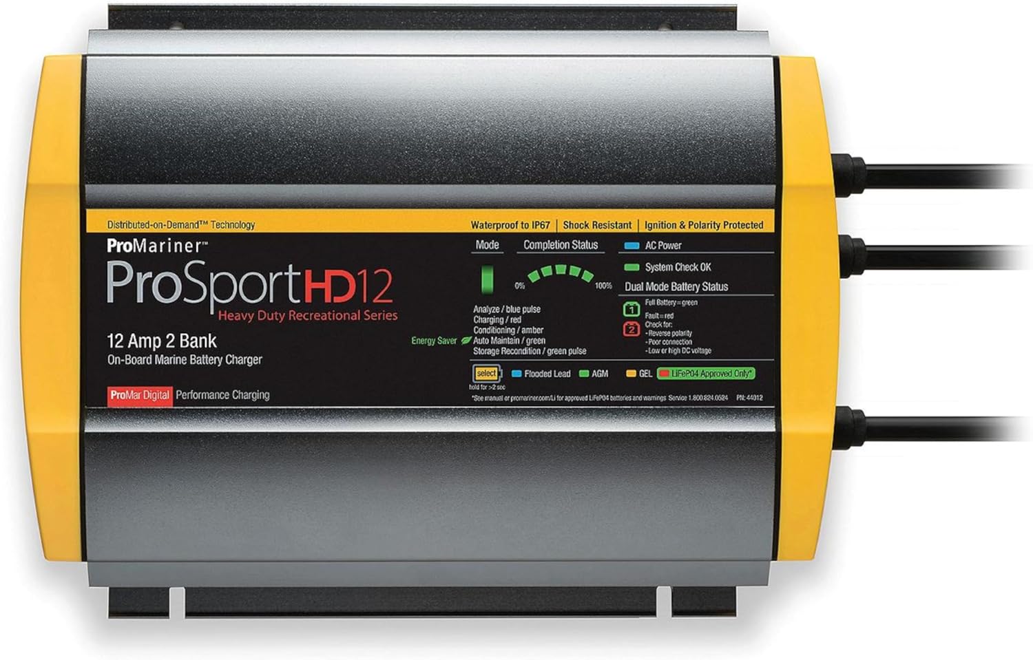 ProMariner 44012 ProSport HD Waterproof Marine Battery Charger, 12 Amp, 2 Bank Charger 12/24V, 12 Amp, 2 Bank