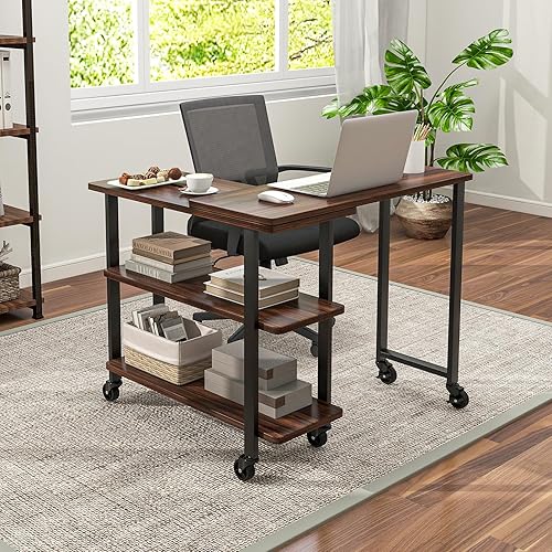 Miniatura 8 de Giantex Mesa auxiliar giratoria de 360 para sofá, mesa auxiliar móvil patentada con estantes de almacenamiento de 2 niveles, mesa móvil para