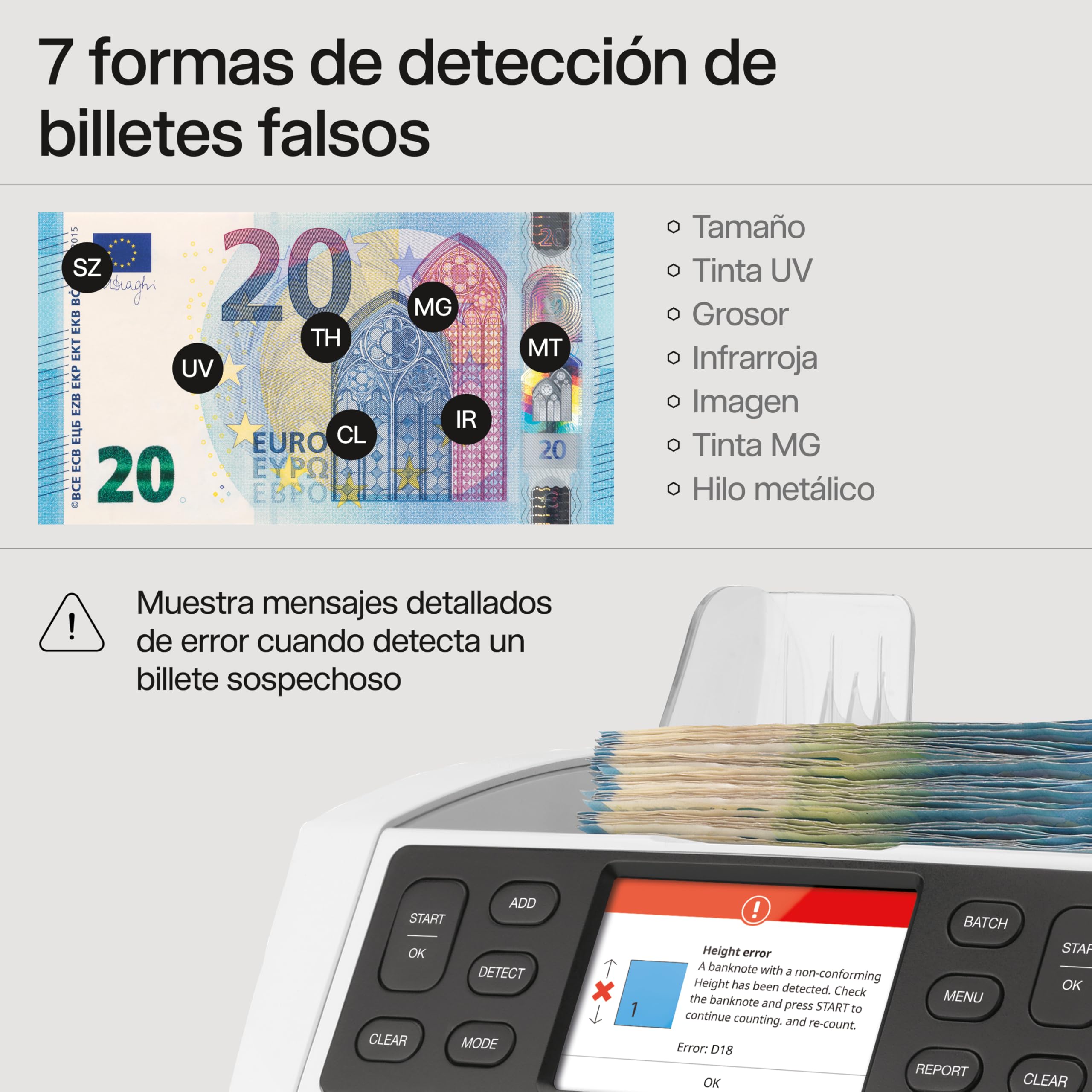 Safescan 2865-S Contadora de billetes cuenta el valor de billetes mezclados - Contadora detectora de billetes falsos en 7 puntos - Máquina para contar billetes con interfaz multilingüe