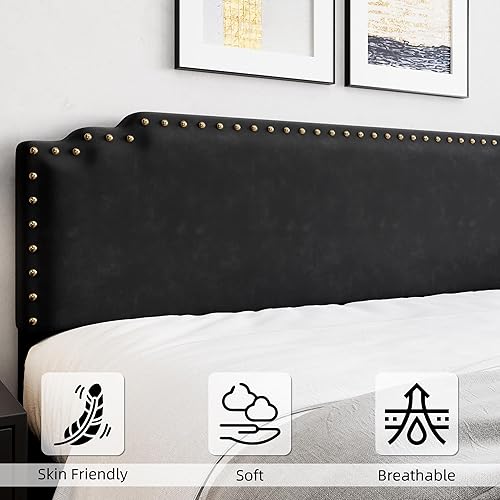 Miniatura 4 de GAOMON Base de cama tamaño King, plataforma tapizada de terciopelo y cabecero con decoración de remaches, soporte de listones de madera fuerte, no