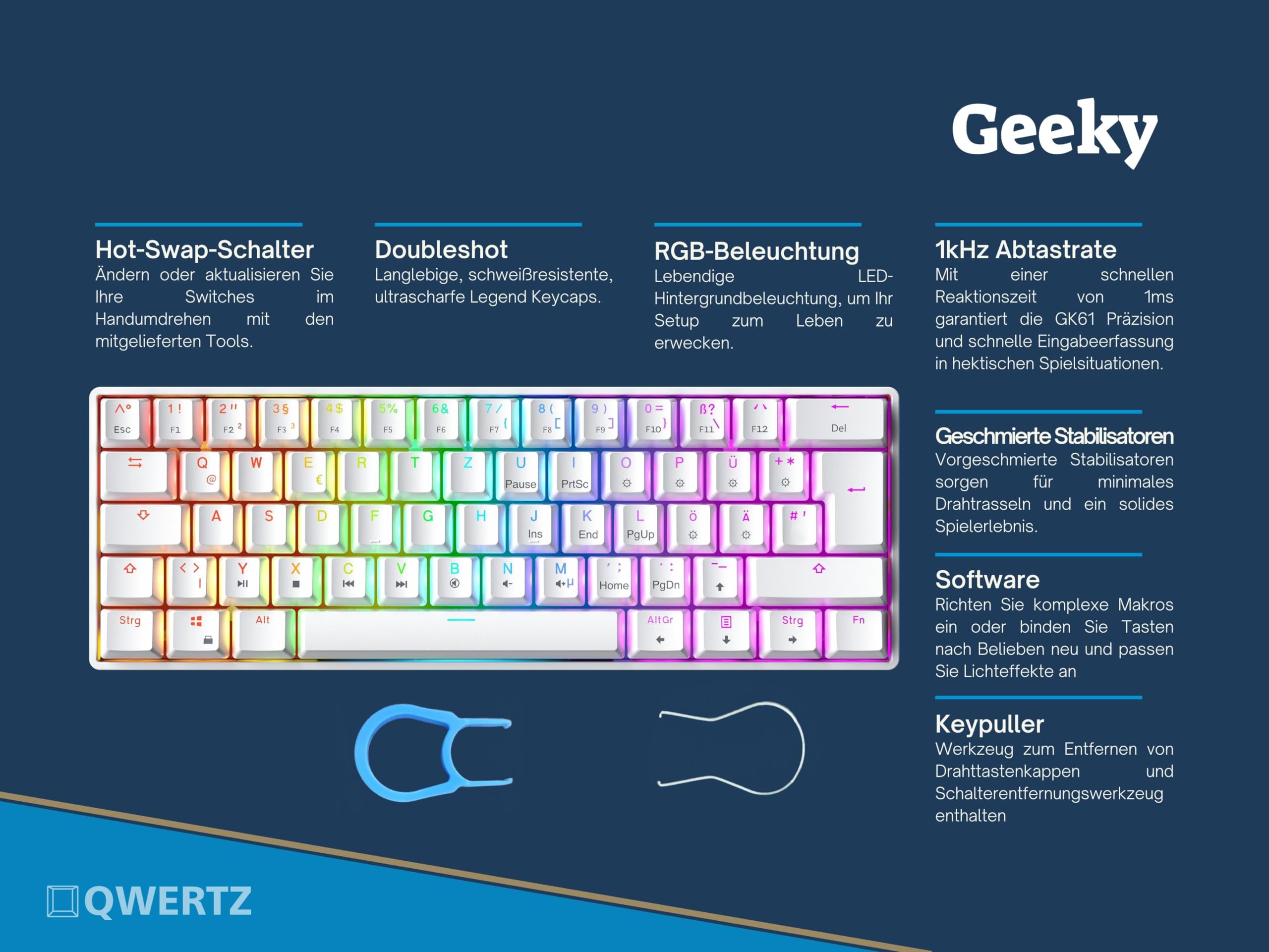 Geeky GK61 60% | Hot Swappable Mechaniczna Klawiatura Gamingowa | 62 Klawiszy Wielokolorowe RGB LED Podświetlenie dla Graczy na PC/Mac | ISO DE Qwertz Klawiatura Niemiecka (Biały, Mechanical Red)