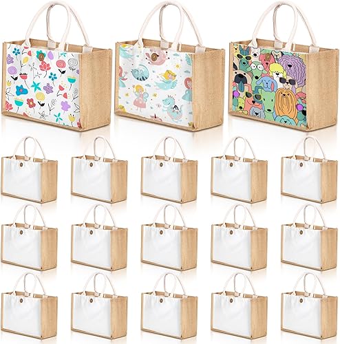 Sweetude 18 bolsas de yute para sublimación, bolsa de playa de arpillera con asas, reutilizable, en blanco, bolsa de regalo de lona para dama de