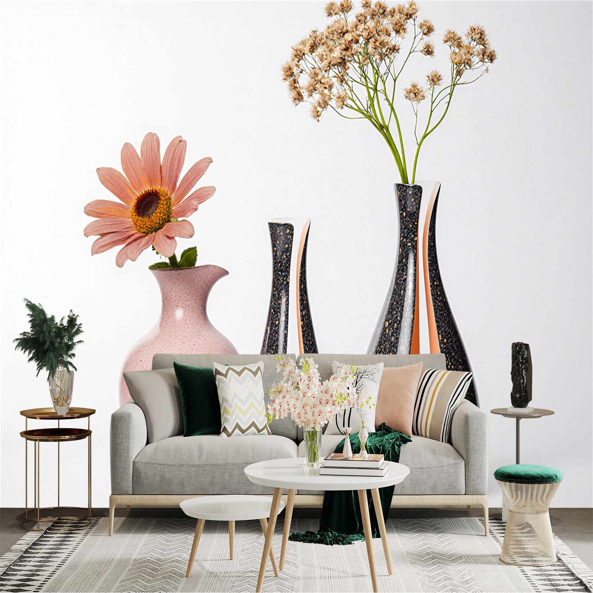 Custom Size Wall Sticker Mural， Pink Flower in Speckled Vase， Elegant Modern Ceramic Vases， Minimalist Floral Art， for wall Decoration， peelandstick wall Decals.