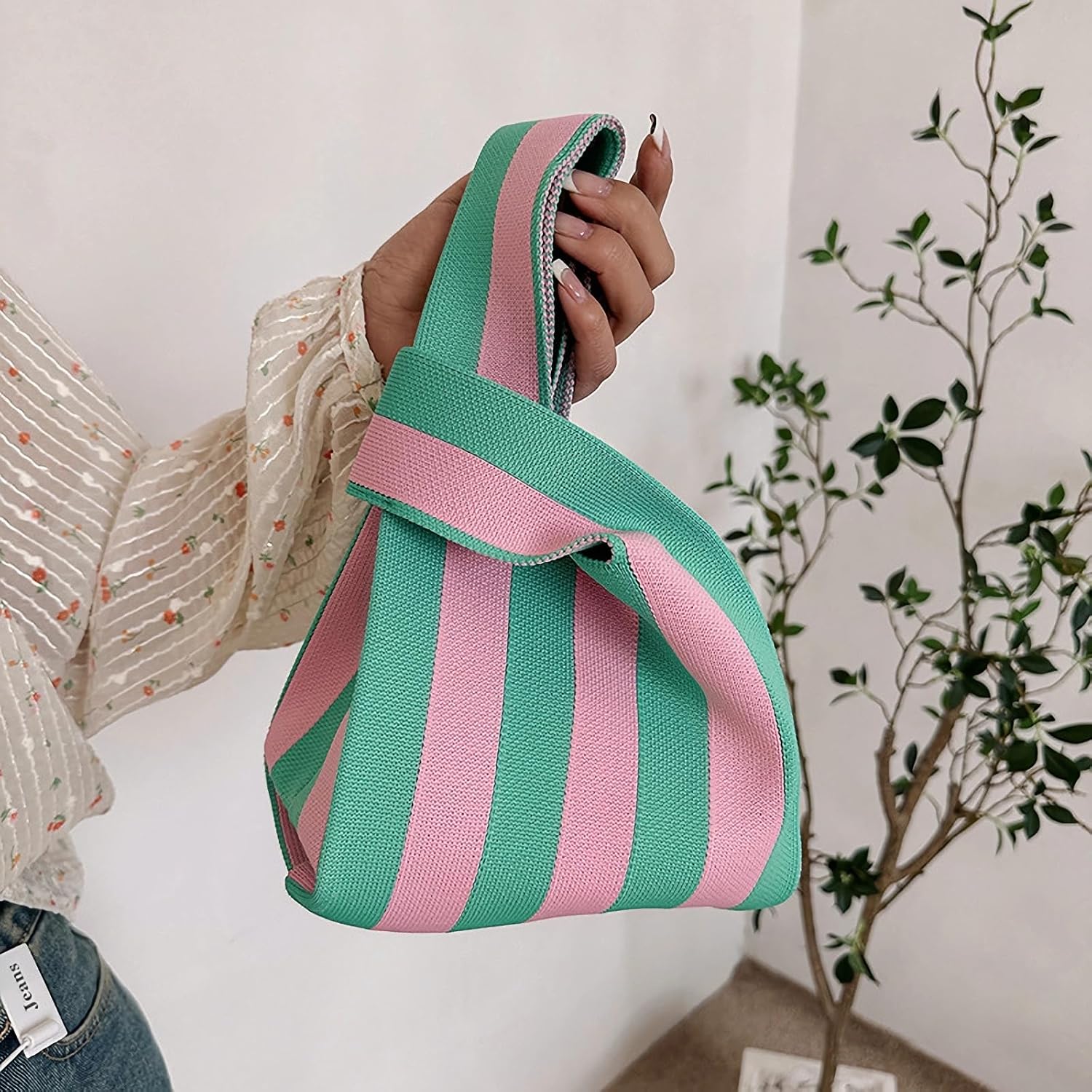 Women's Wrist Knot Tote Bag Small Crochet Wristlet Handbag Aesthetic Cute Knit Purse (Very Small Size)