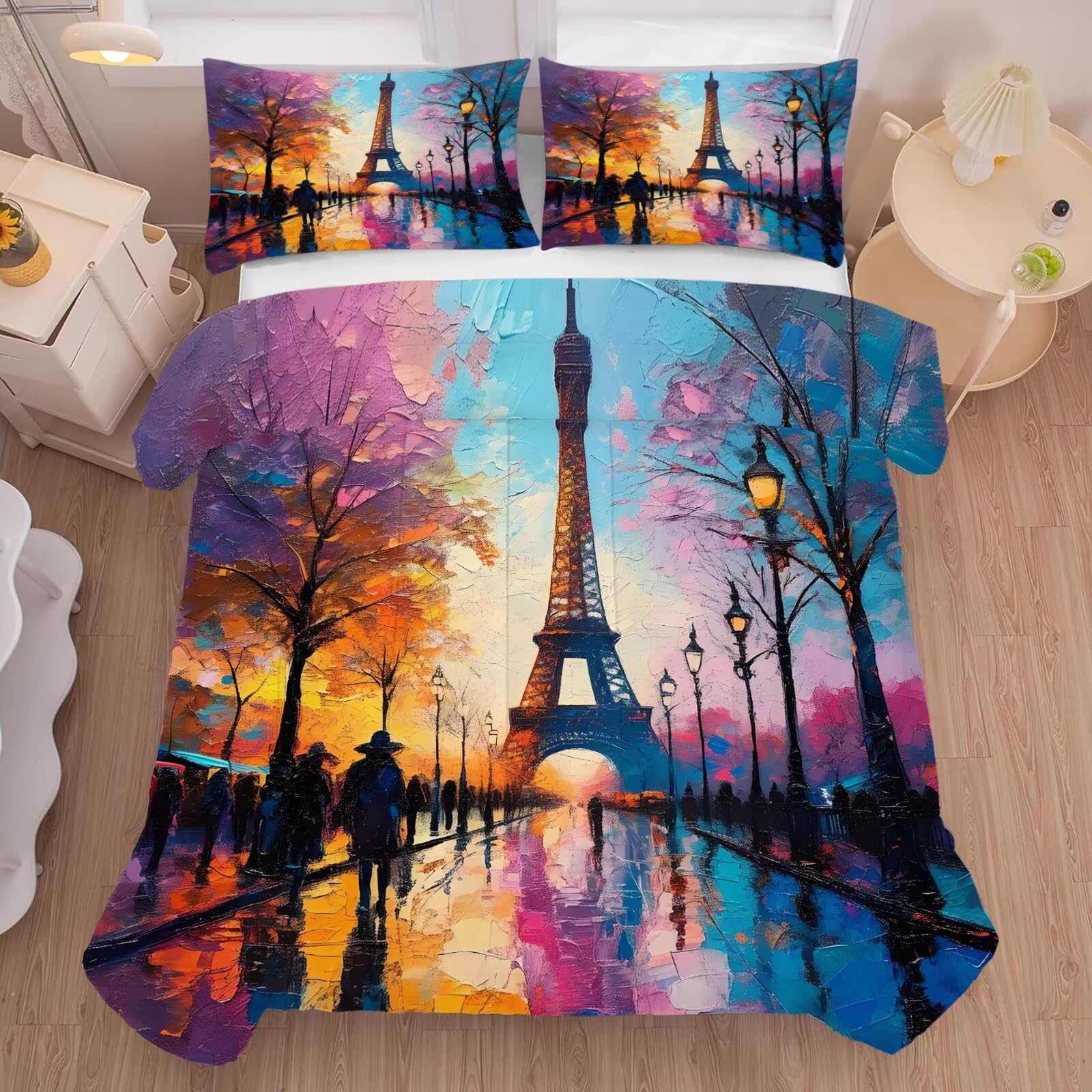 FUYEUN Paris Bedding Set King Size Eiffel Tower Comforter for Girls Teen Lovers Women Bedroom Decor Abstract Quilt Bed Sets, 1 Comforter 2 Pillowcases
