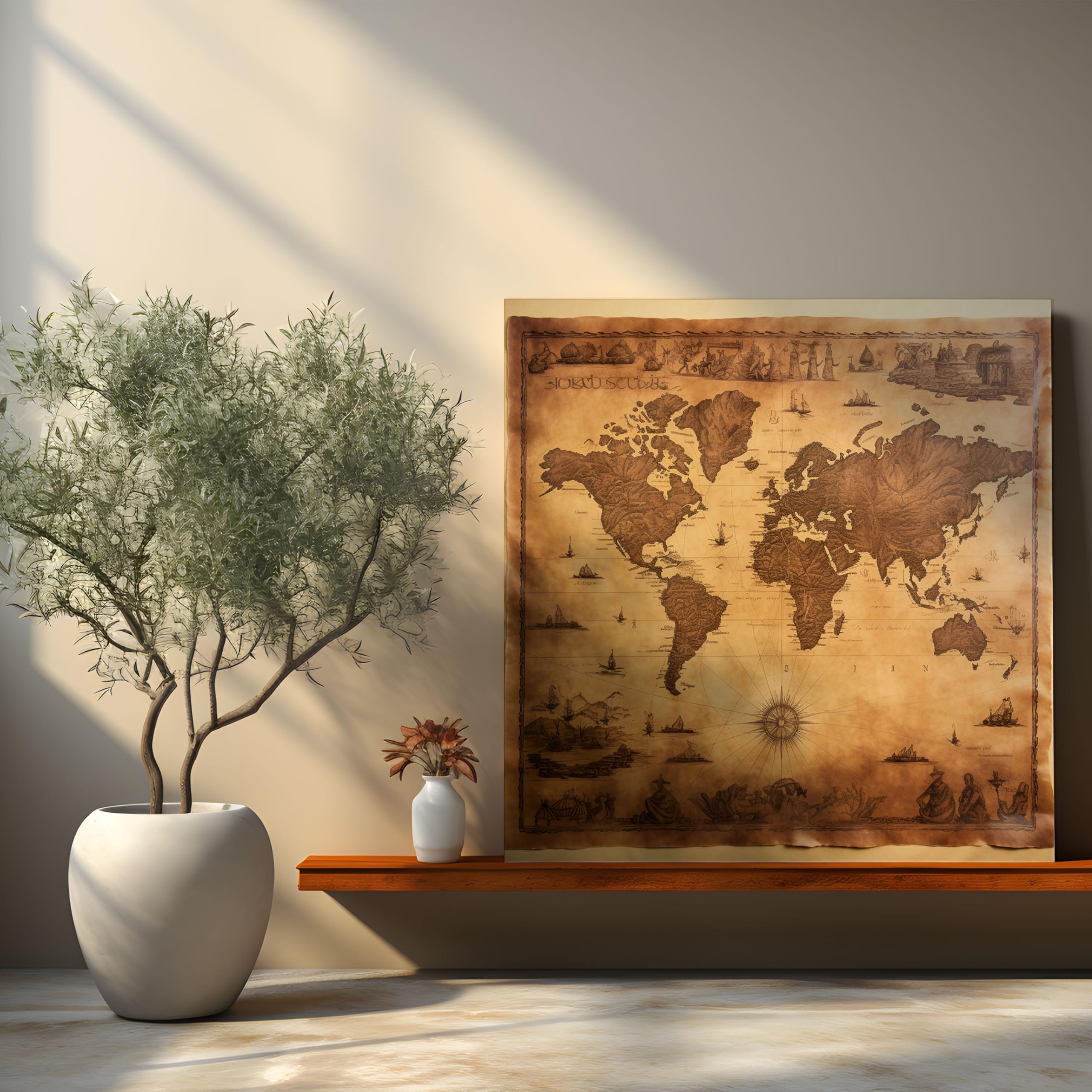 Painted Anarchy Papyrus Wall Art - Réplica de mapa del mundo antiguo - Papiro, nostalgia, mapa del mundo antiguo, decoración de pared, 20 x 20 pulgadas