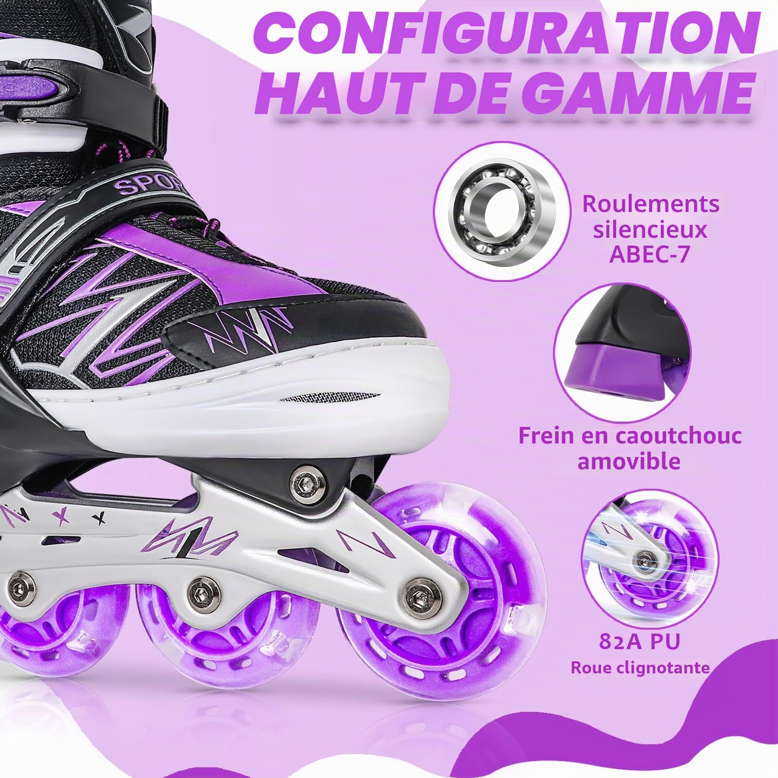 Patins à roulettes en Ligne Réglables pour Enfants Filles Garçons Débutants, Rouge & Violet Patins à Roues en Ligne pour Enfants et Adolescents pour Intérieur Extérieur Sport