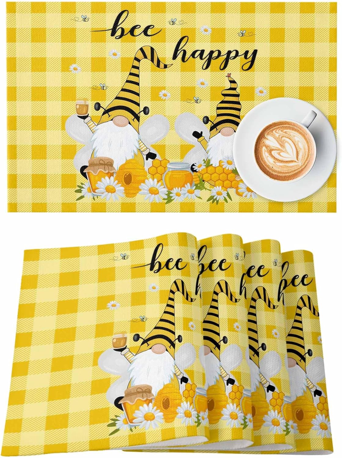 LooPoP Placemats Set of 6 Washable,Bee Happy Gnome Placemat for Dining Table Decorations, Heat-Proof Table Mats for Kitchen Dinner Banquet Daisy Yellow Lattice