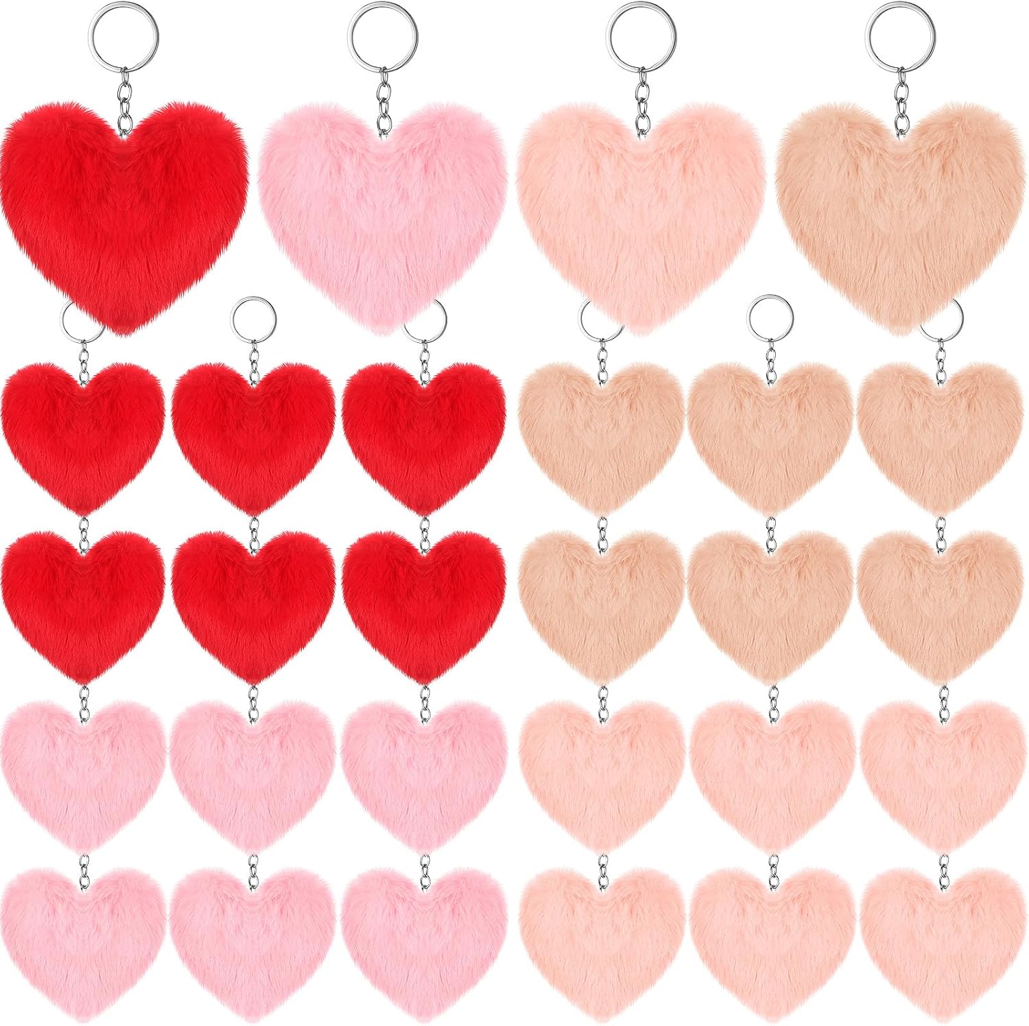 Ferreve 24 Pcs Heart Pom Pom Keychains Fluffy Colored Pom