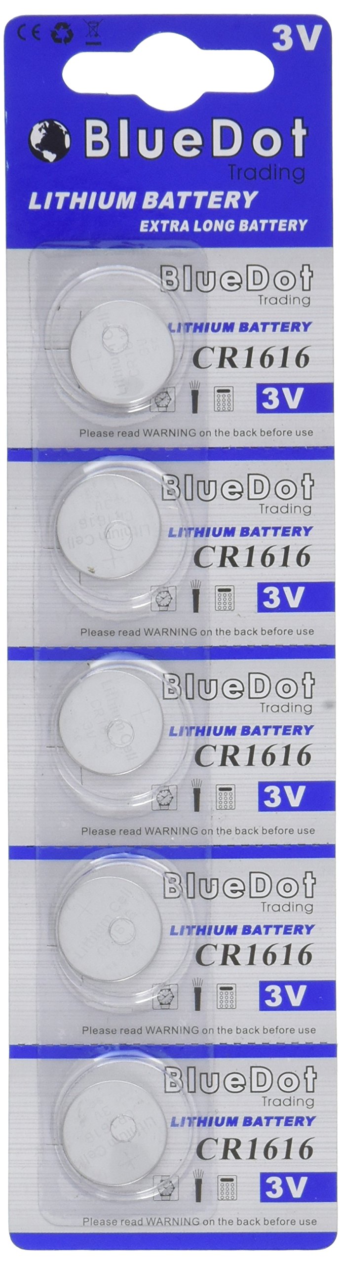 BlueDot Trading Long-Lasting & High Capacity 3V CR1616 Battery Lithium Coin Cell Batteries for Car Remote, Key Fob, and More (Packaging May Vary), 5 Count