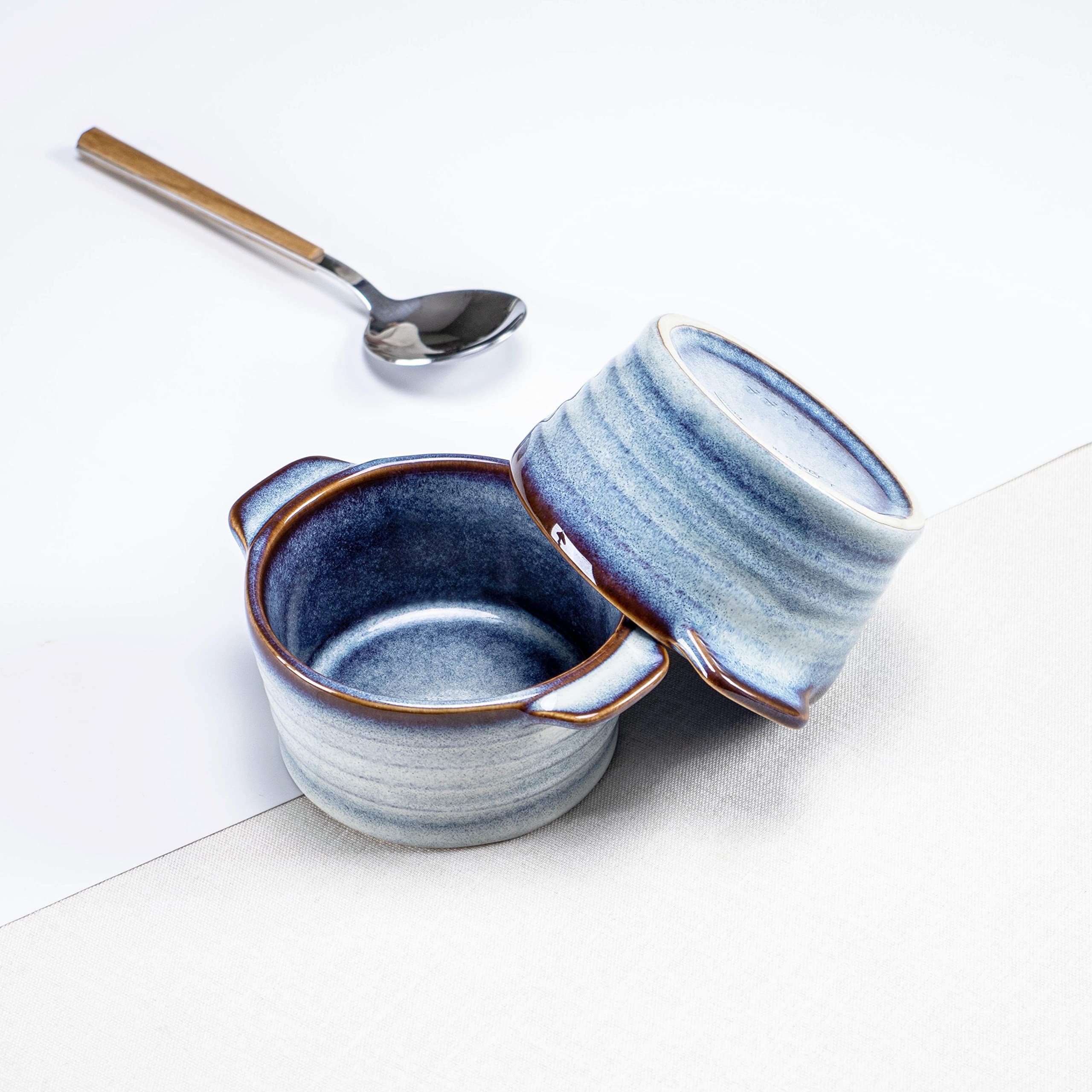 Ramequins en Céramique avec Couvercle, 4 Cocottes pour Soupe, Crème brûlée et Souffle, Passent au Four, Ramequins – Bleu